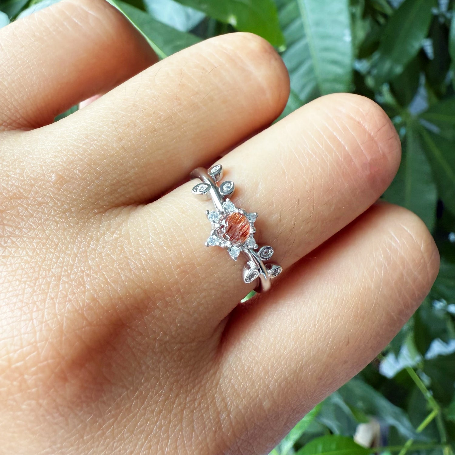 Natural Cabochon Round Shape Copper Rutilated Quartz Ring