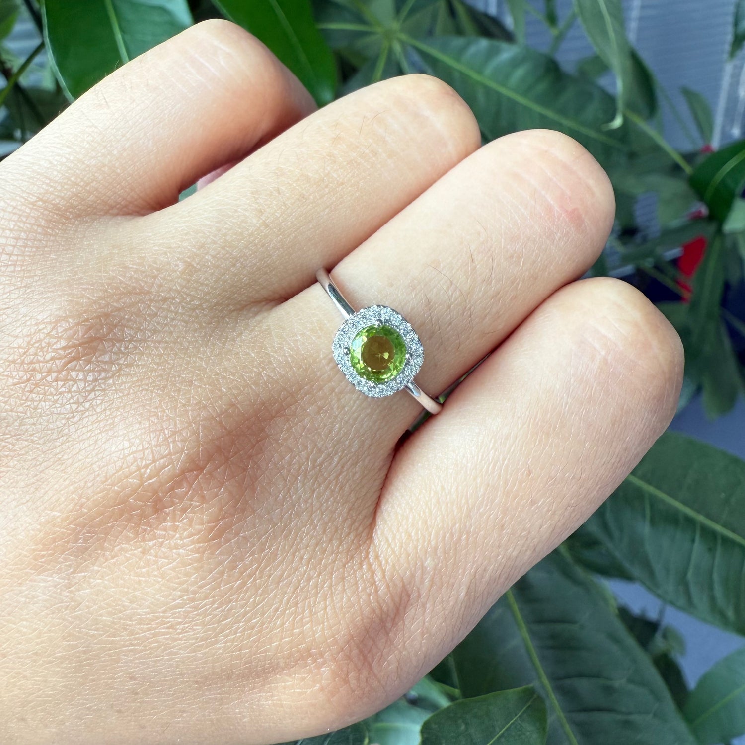 Natural Round Peridot Sterling Silver Halo Ring