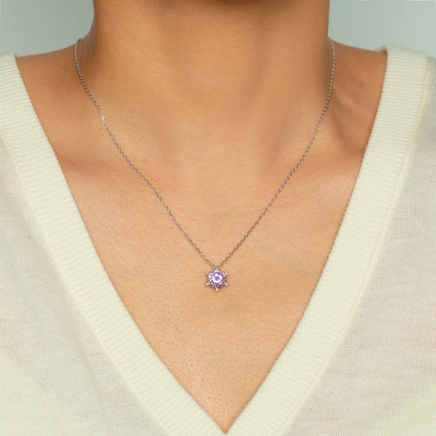 Hexagon Amethyst Snowflake Pendant Necklace in Sterling Silver