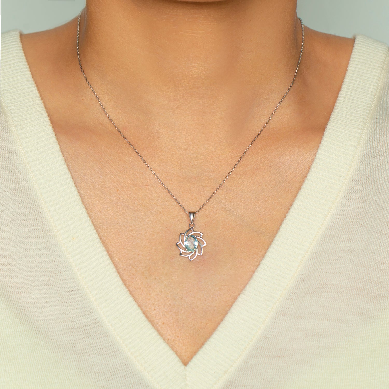 Aquamarine Lotus Pendant Necklace in Sterling Silver