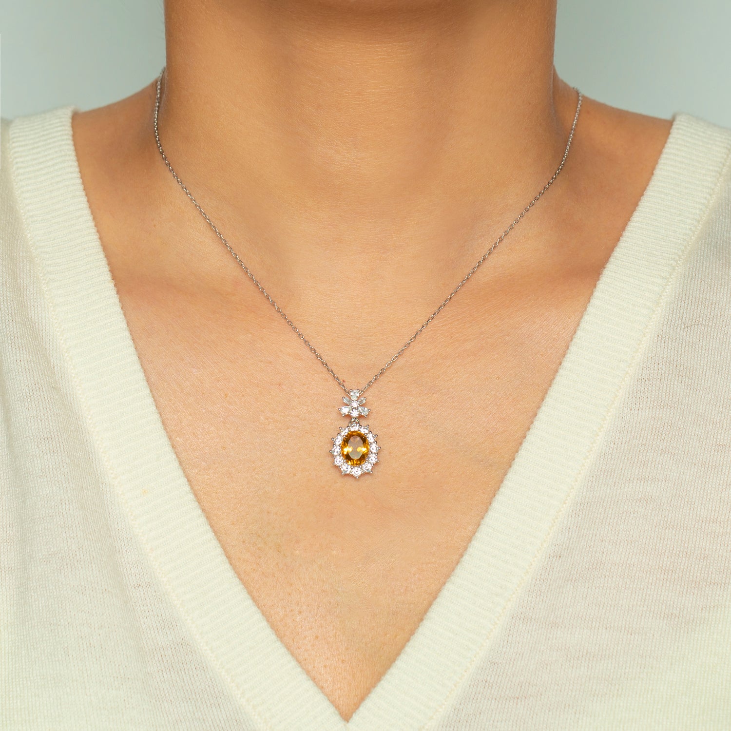Sparkling Sterling Silver Halo Citrine Necklace