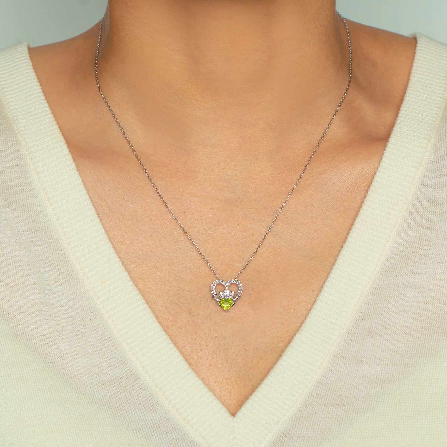 Heart Shaped Peridot Crown Pendant Necklcace in Sterling Silver