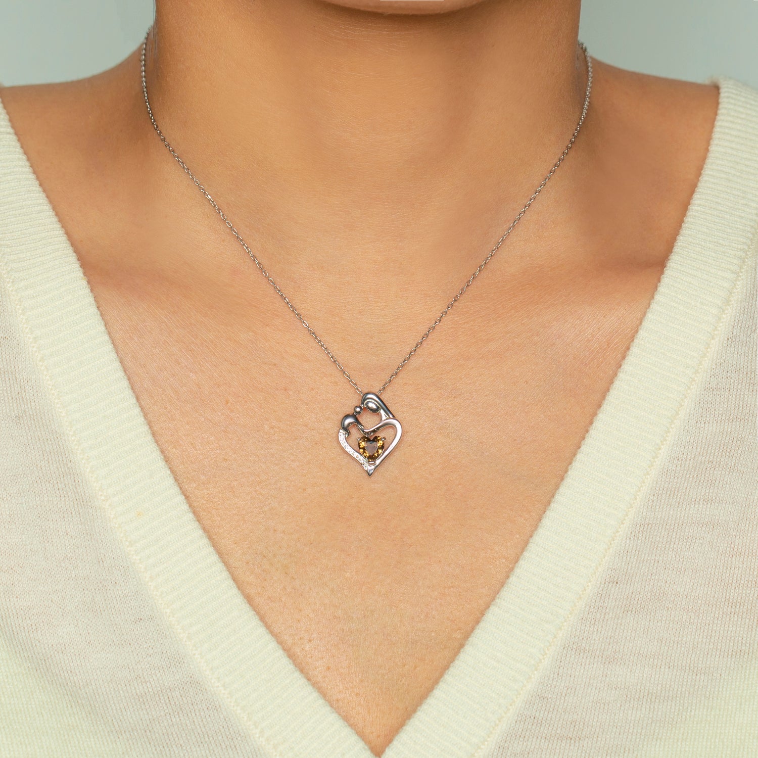 Heart Somky Quartz Mother and Baby Sterling Silver Neckalce
