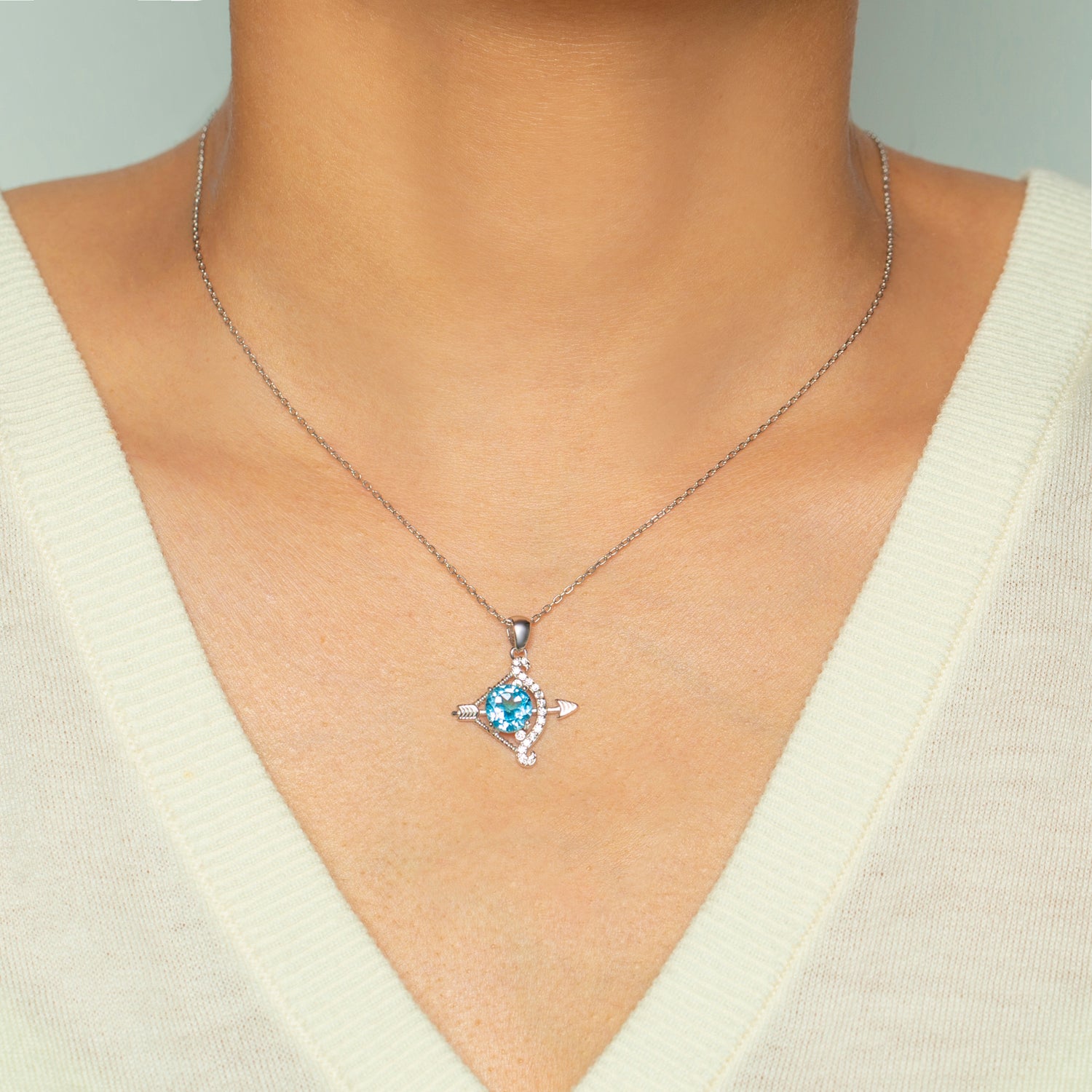 Sparkling Sky Blue Topaz Bow and Arrow Sterling Silver Necklace