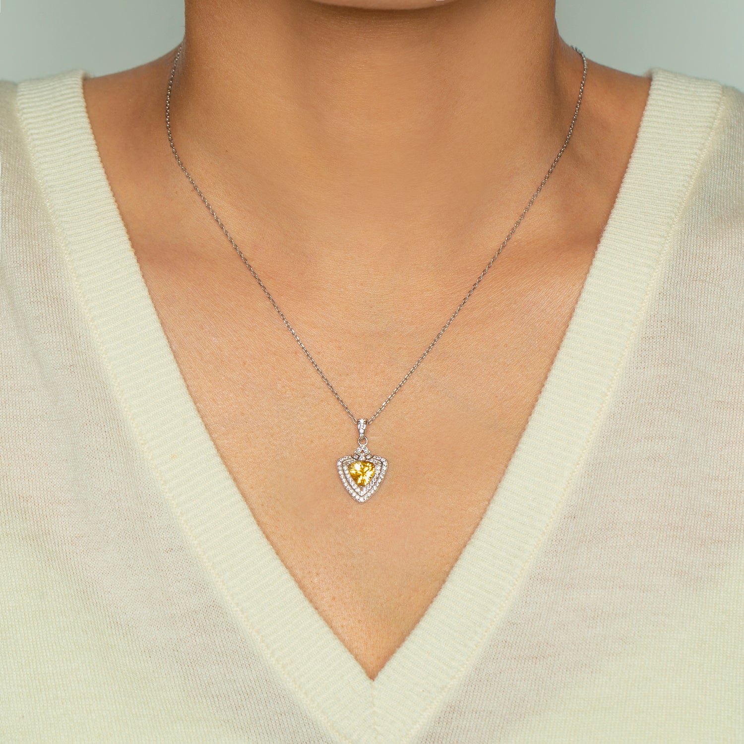 Trilliant Cut Citrine Halo Sterling Silver Pendant Necklace