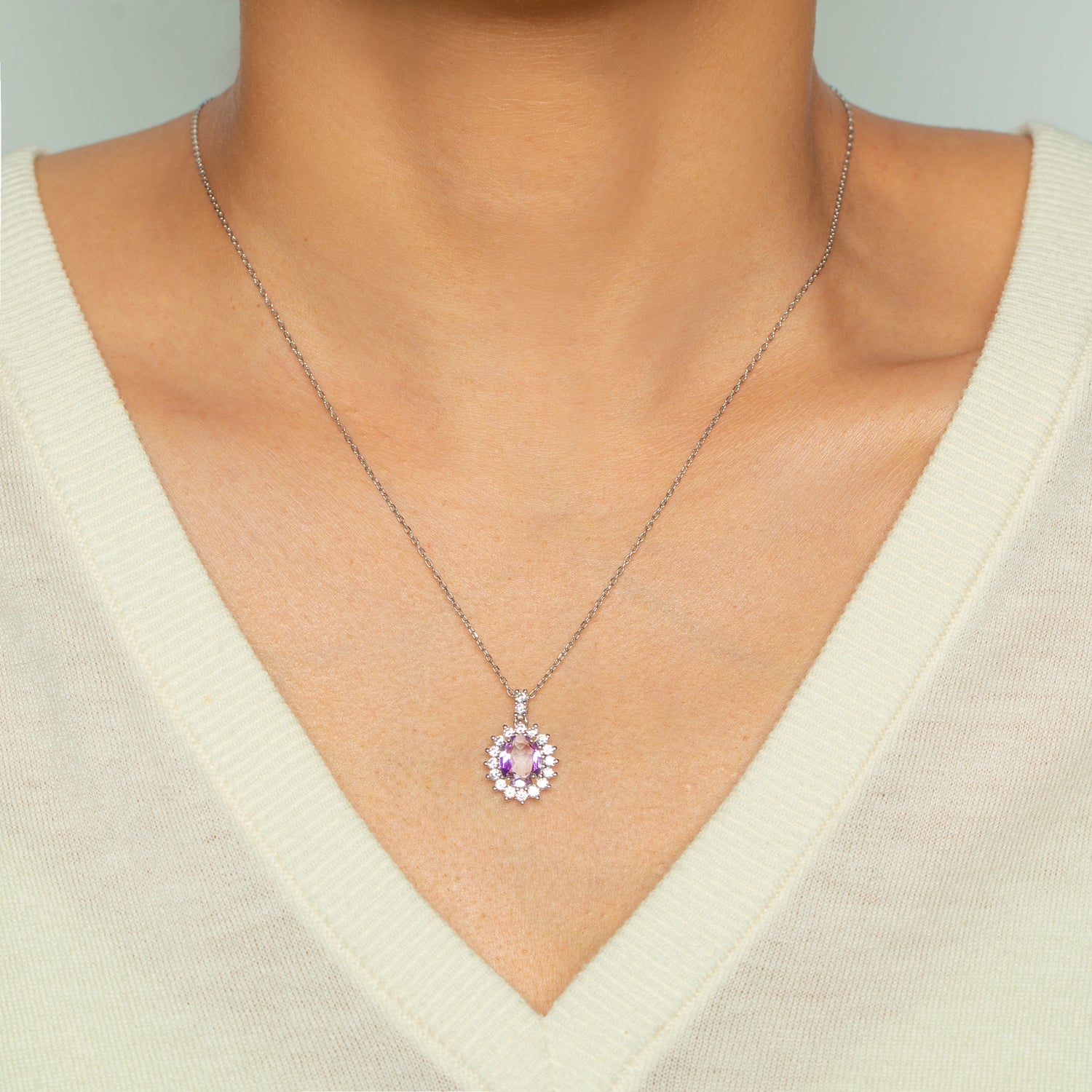 February Birthstone Amethyst Halo Pendant Necklace Sterling Silver