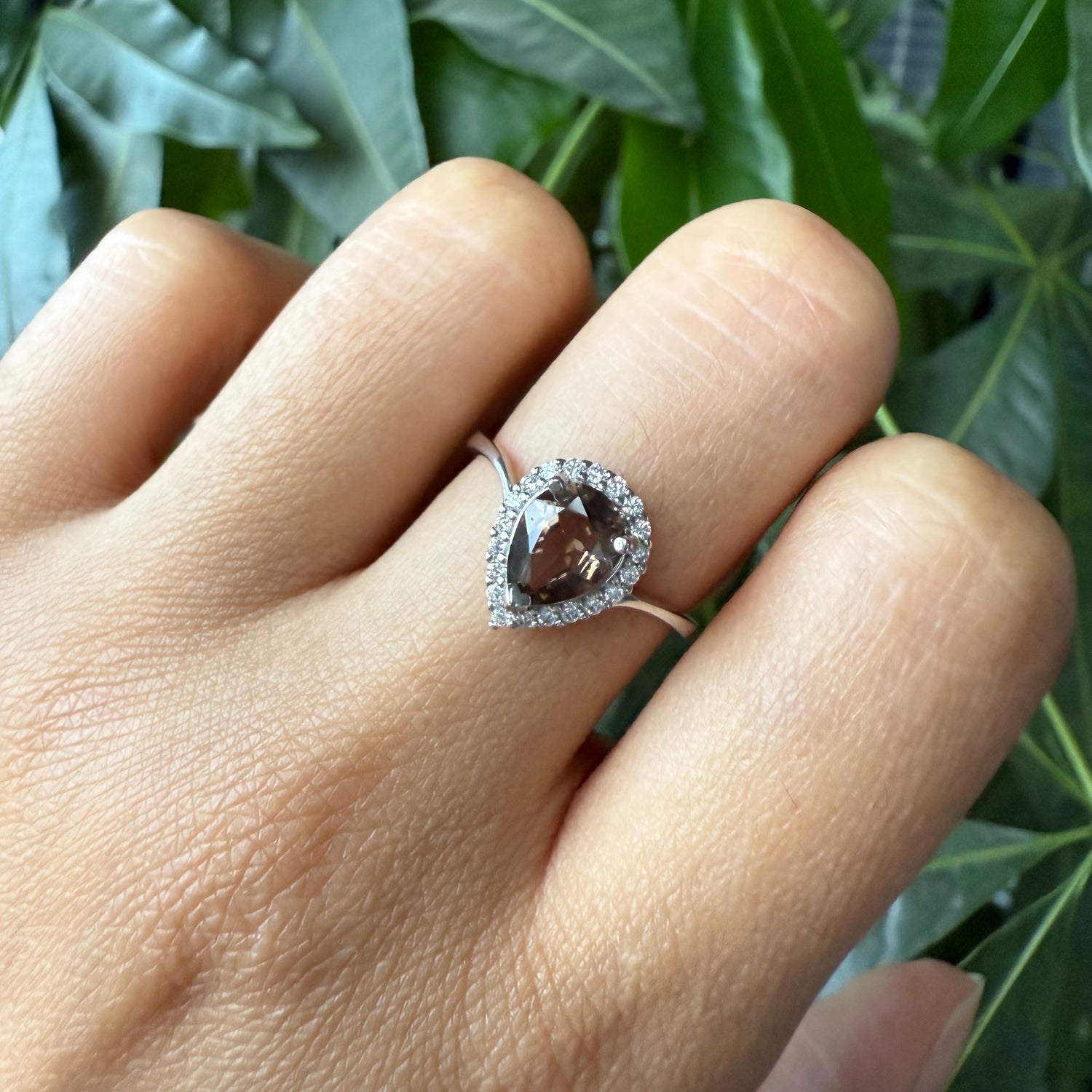Natural Pear Shape Smoky Quartz Halo Ring