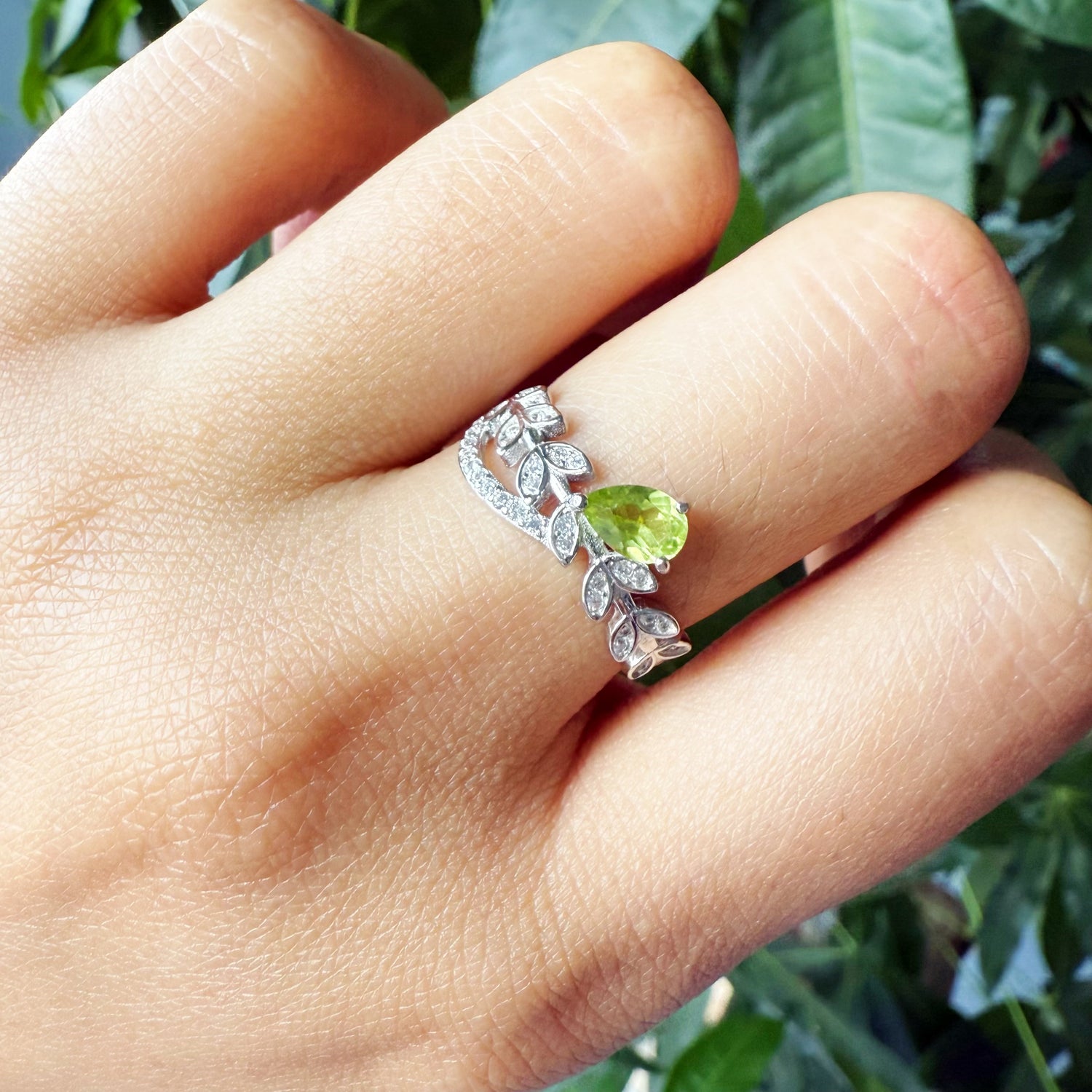 Natural Pear Peridot Sterling Silver Ring