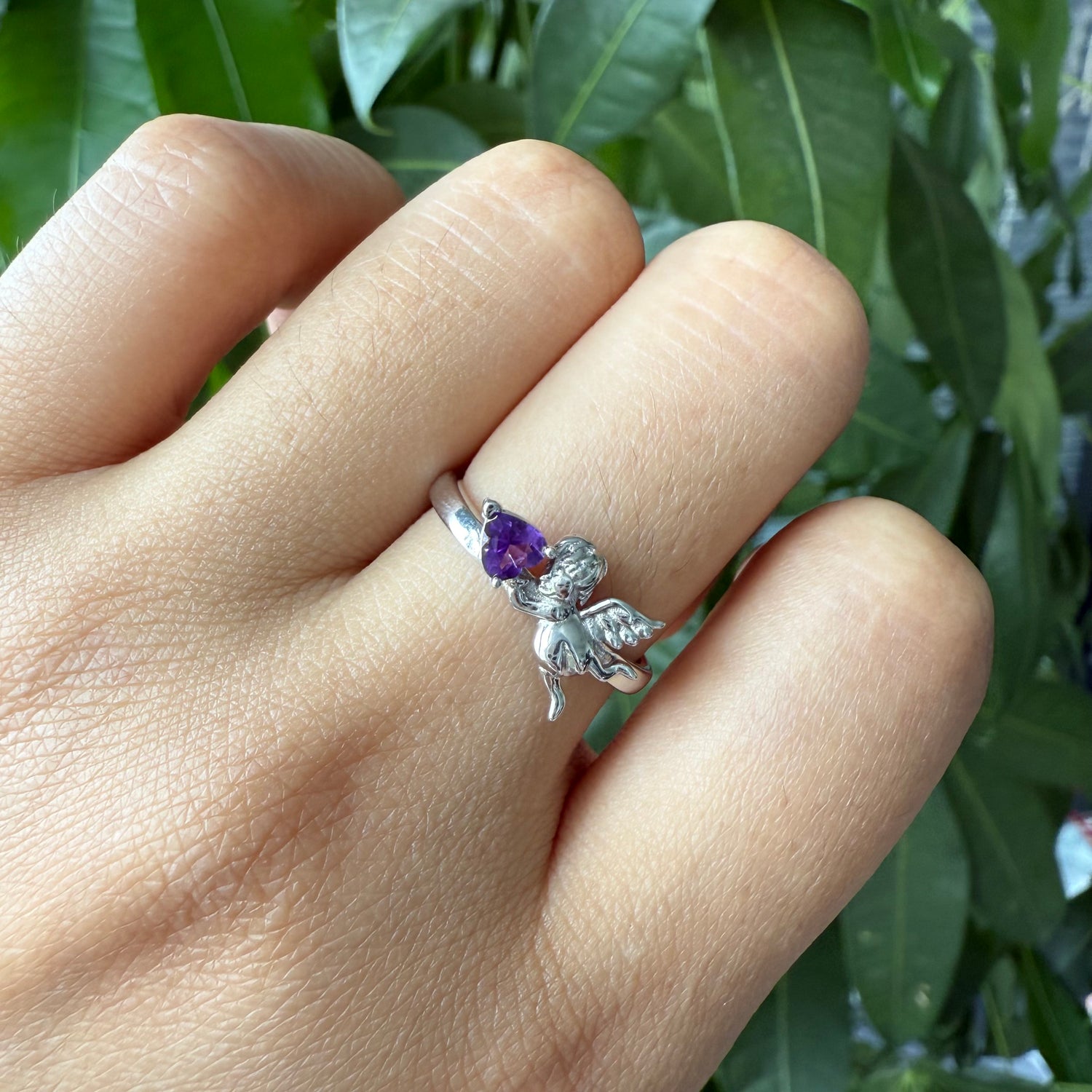 Natural Heart Shape Amethyst Angel Ring