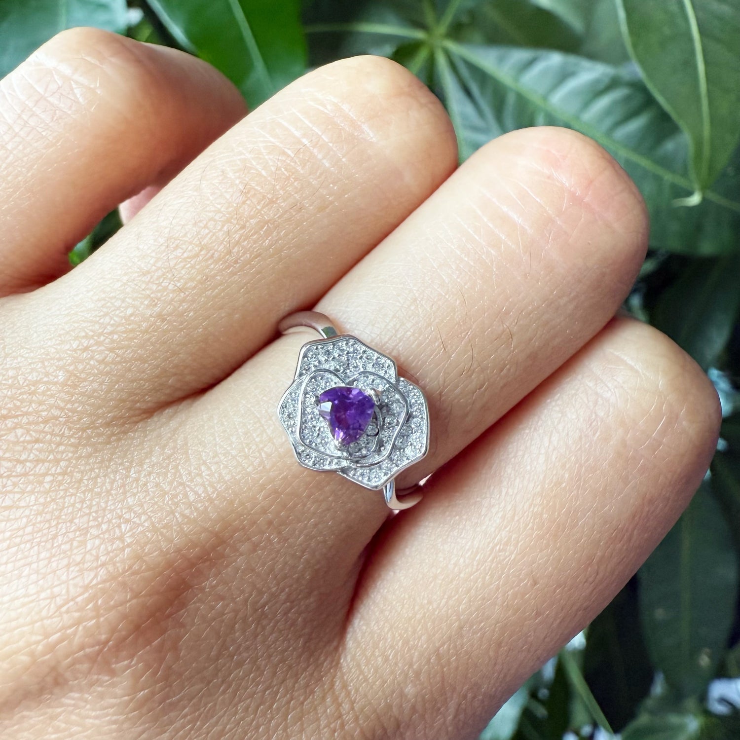 Natural Heart Amethyst Sterling Silver Rose Ring