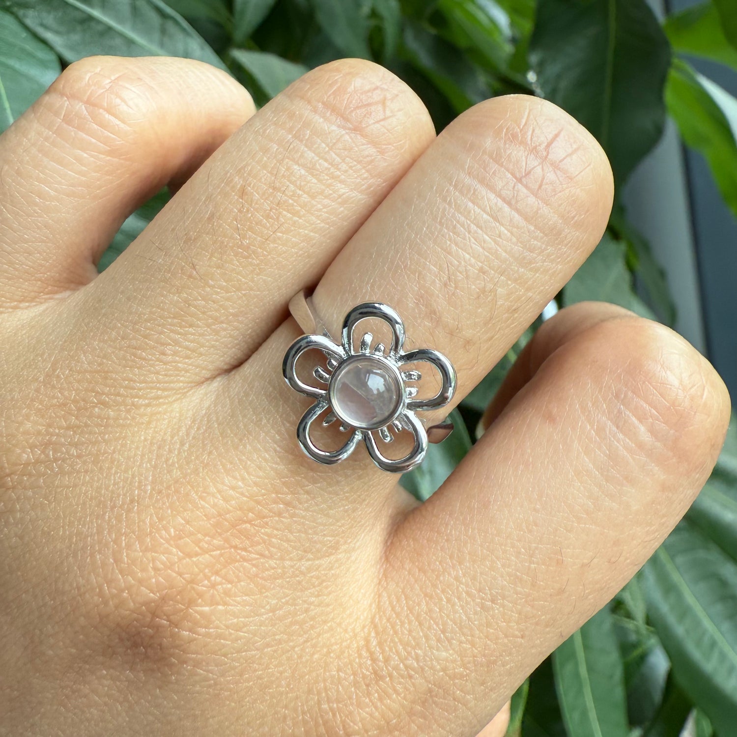 Natural Cabochon Round Shape Rose Quartz Flower Ring