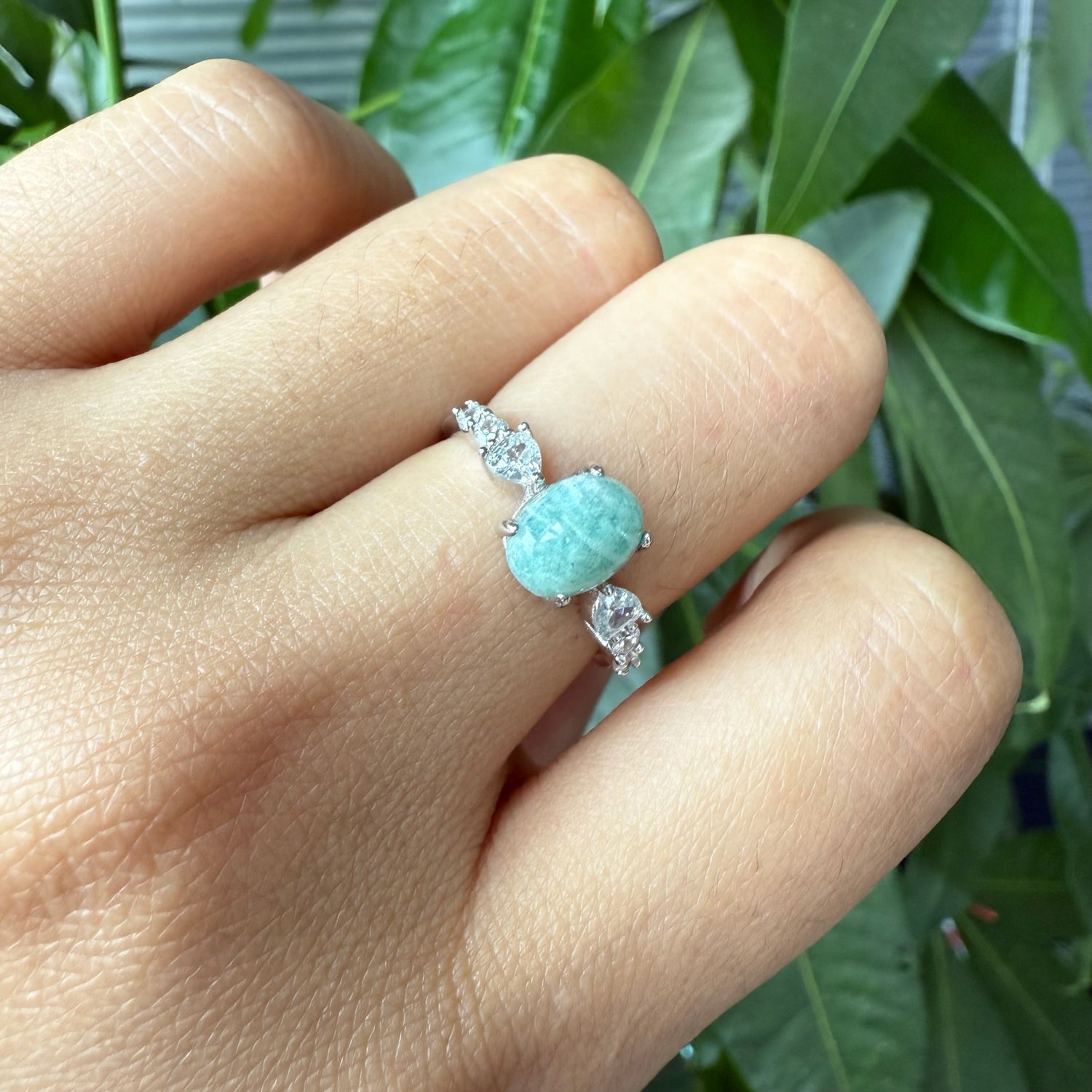 Natural Cabochon Oval Amazonite Sterling Silver Ring