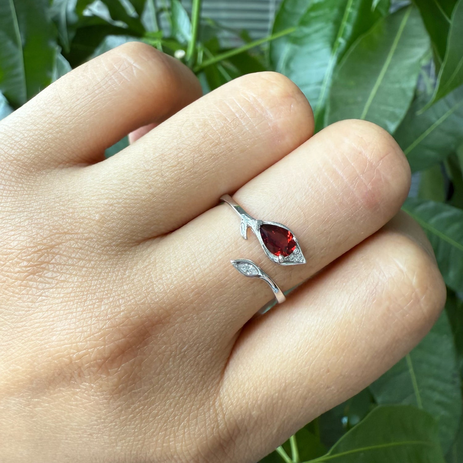 Natural Pear Garnet Sterling Silver Ring