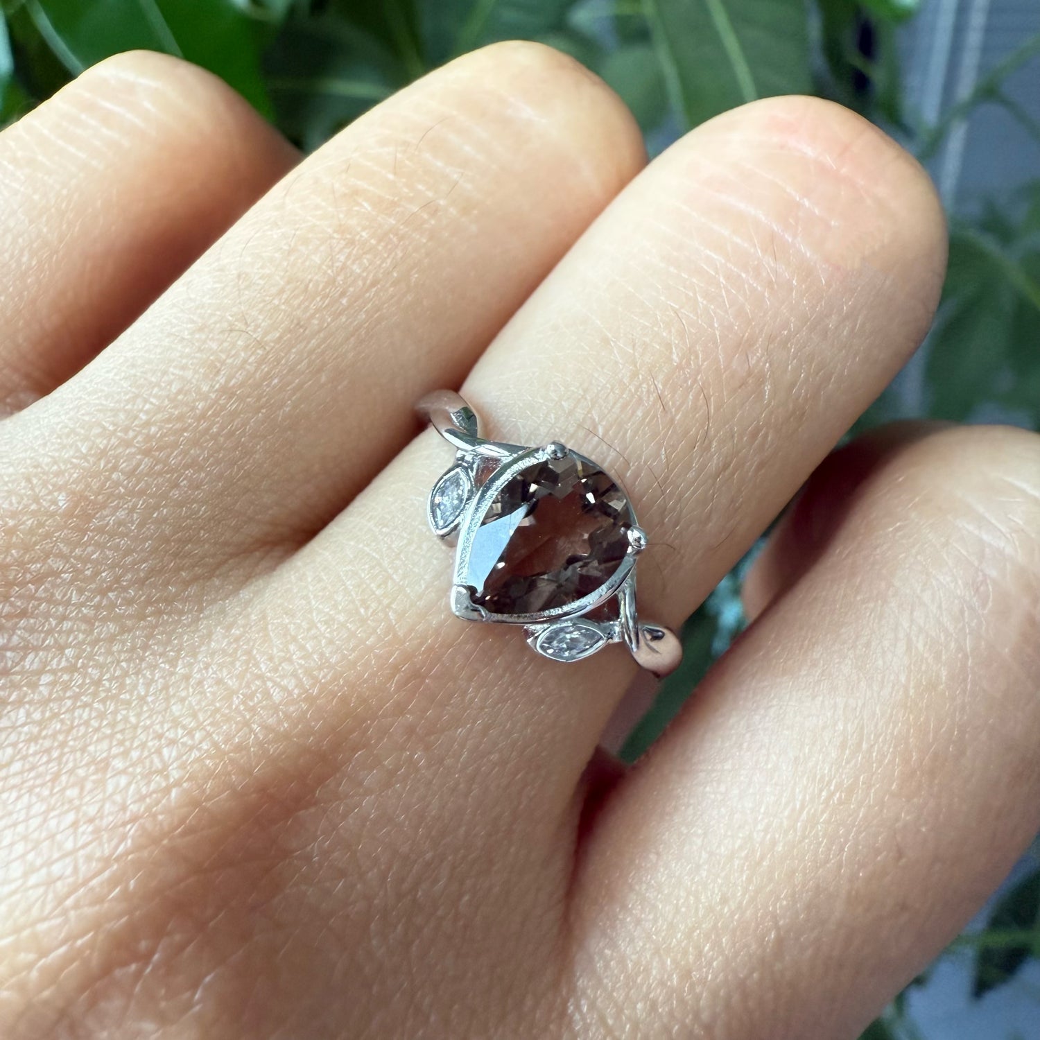 Natural Pear Smoky Quartz Sterling Silver Ring