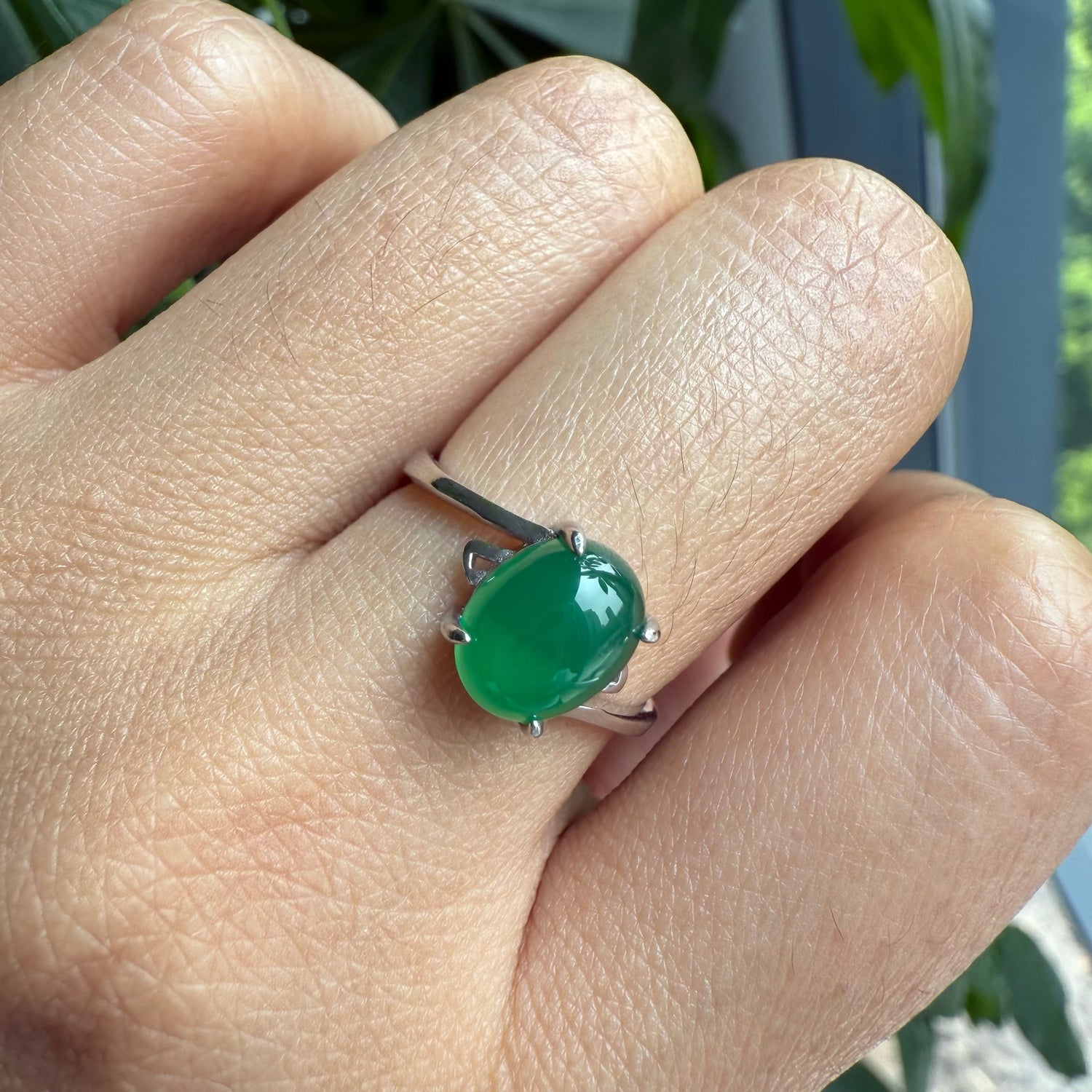 Natural Cabochon Oval Green Chalcedony Sterling Silver Ring