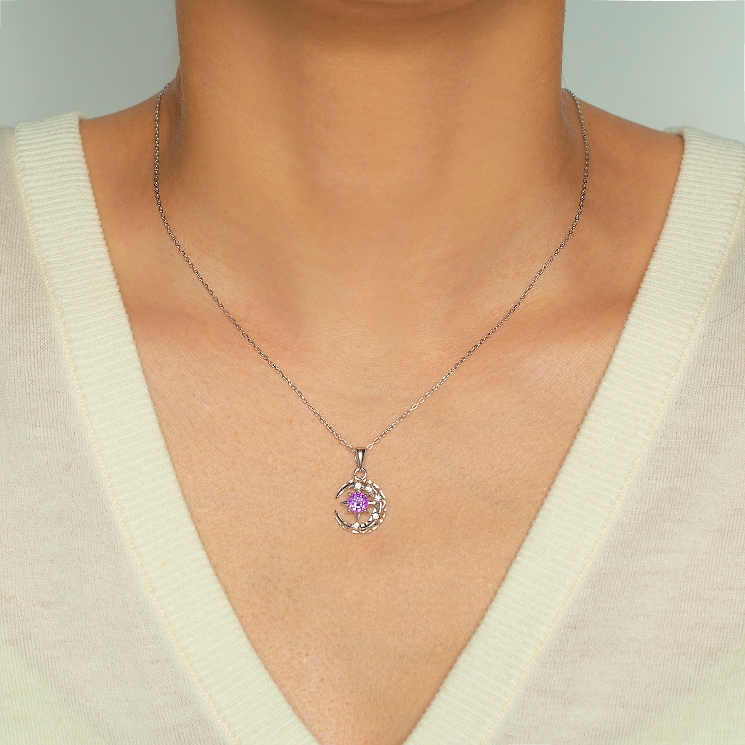 February Birthstone Amethyst Crescent Moon Pendant Necklace