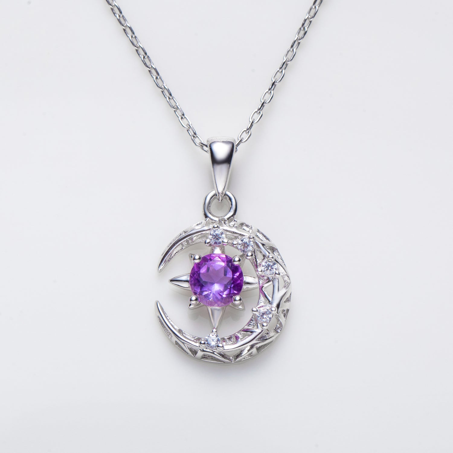 February Birthstone Amethyst Crescent Moon Pendant Necklace