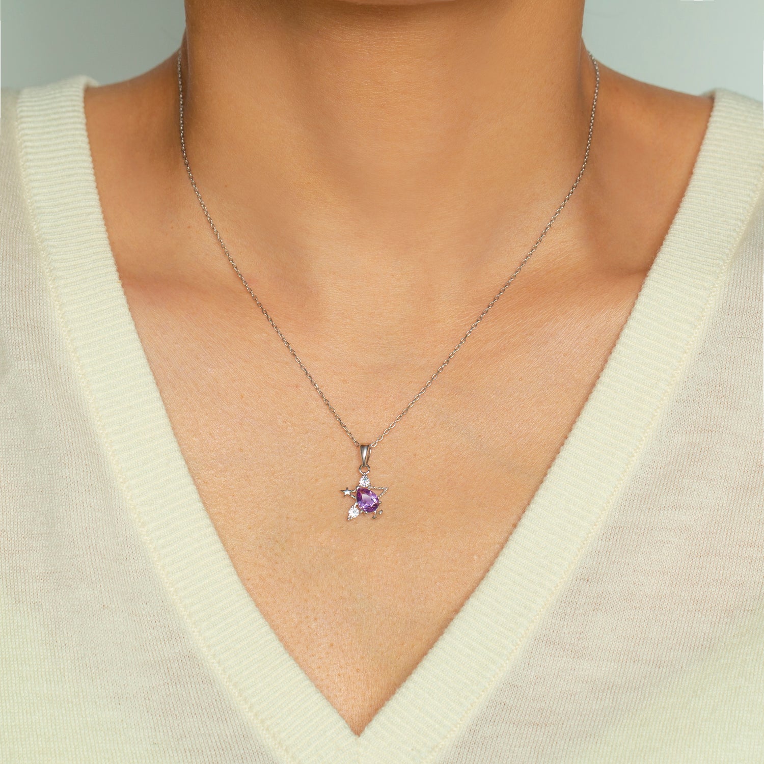 Sterling Silver Amethyst Star Pendant Necklace
