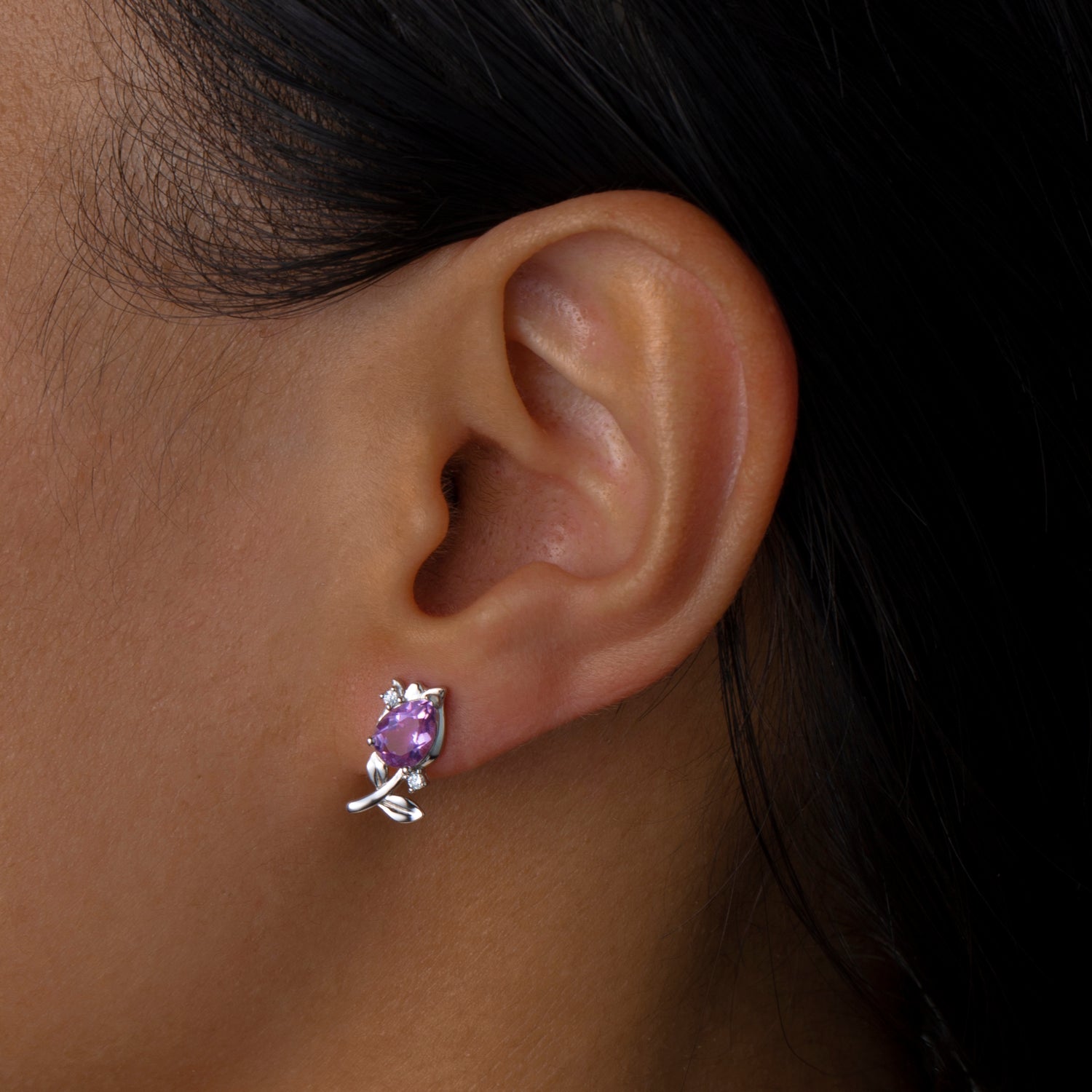 Natural Amethyst Flower Sterling Silver Stud Earrings