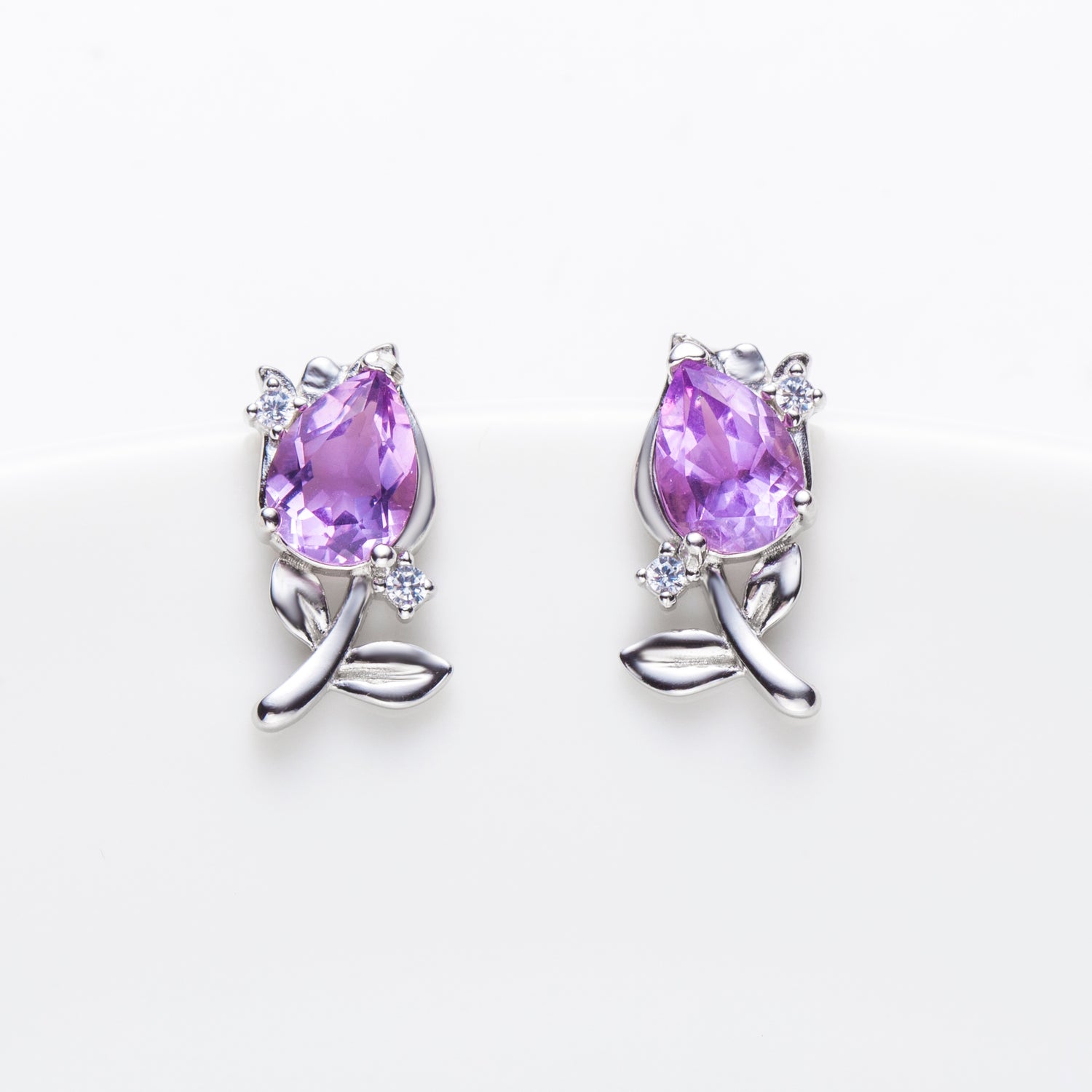 Natural Amethyst Flower Sterling Silver Stud Earrings