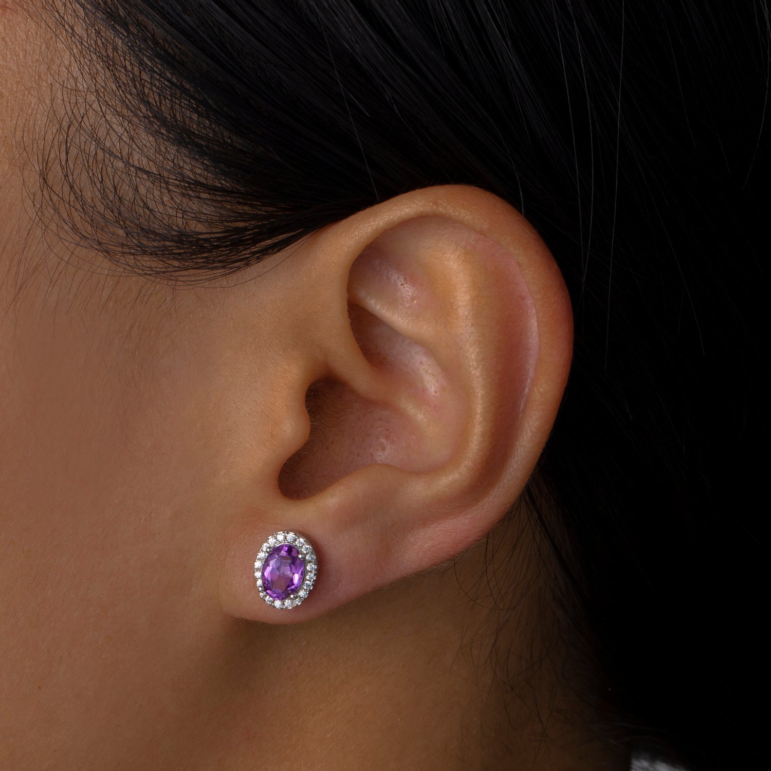Natural Oval Amethyst Sterling Silver Halo Stud Earrings