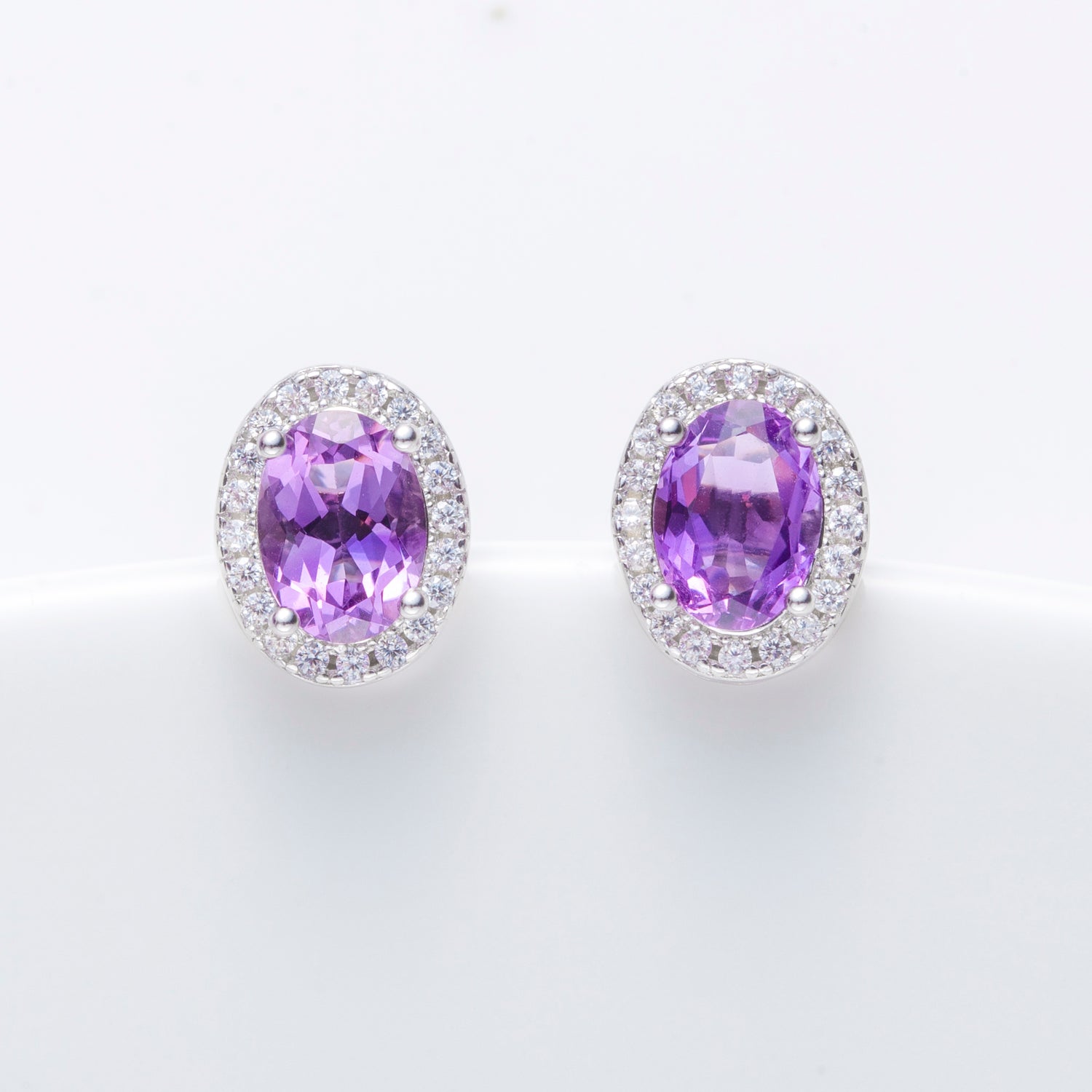 Natural Oval Amethyst Sterling Silver Halo Stud Earrings
