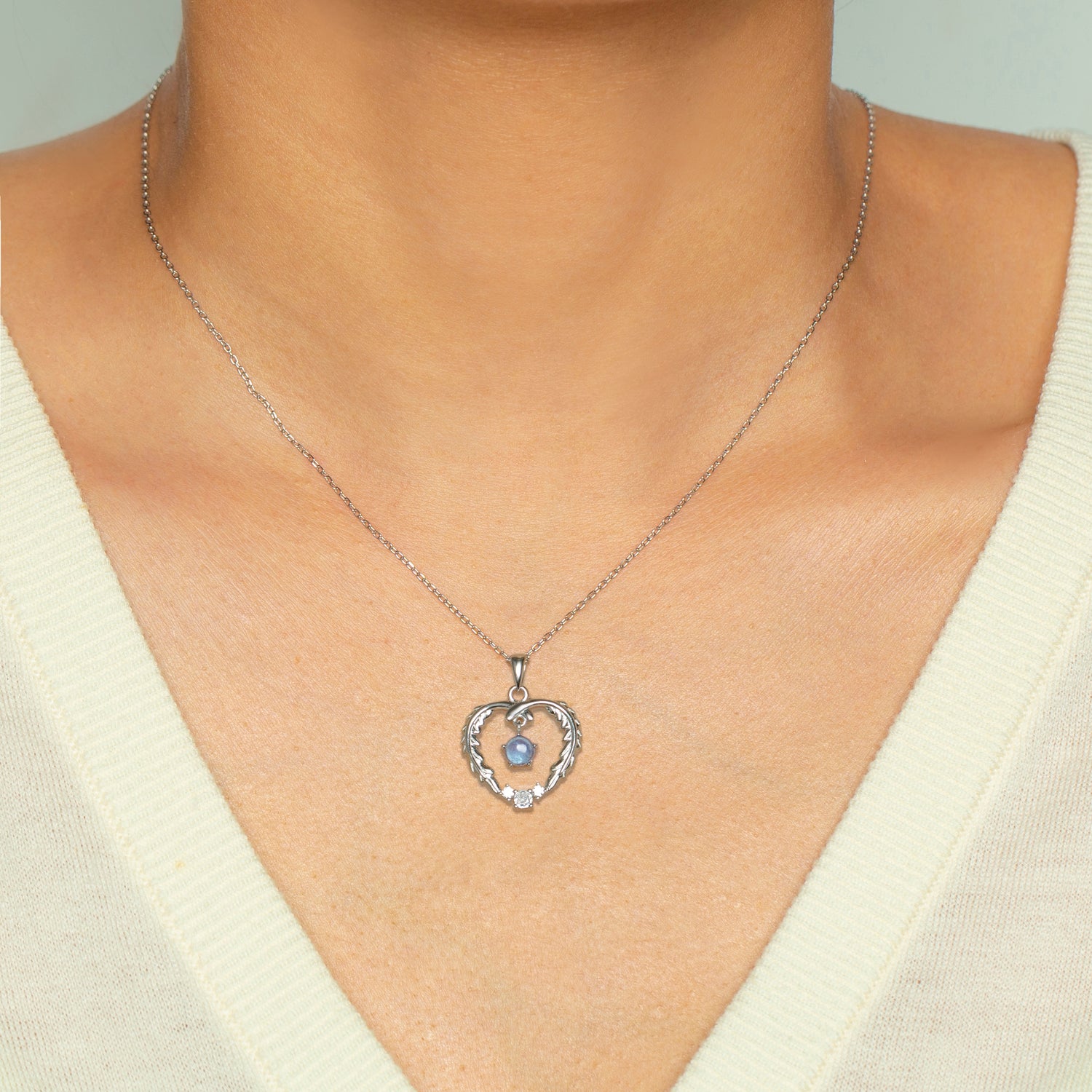 March Birthstone Aquamarine Sterling Silver Heart Shaped Necklace