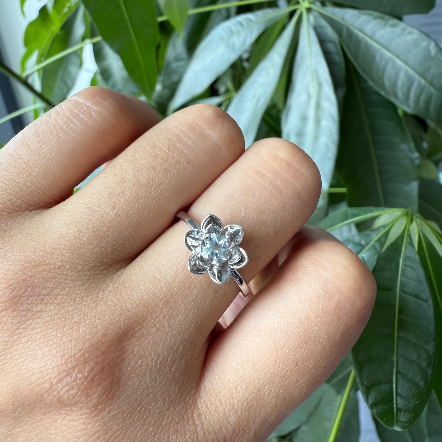 Natural Round Shape Aquamarine Lotus Ring