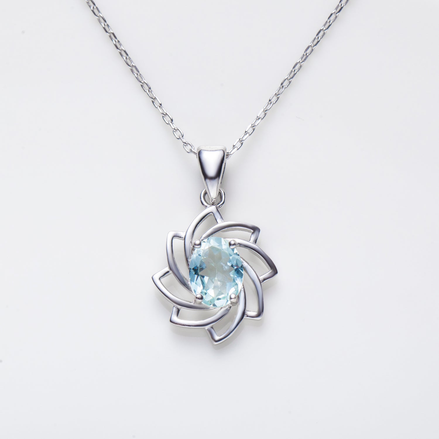 Aquamarine Lotus Pendant Necklace in Sterling Silver