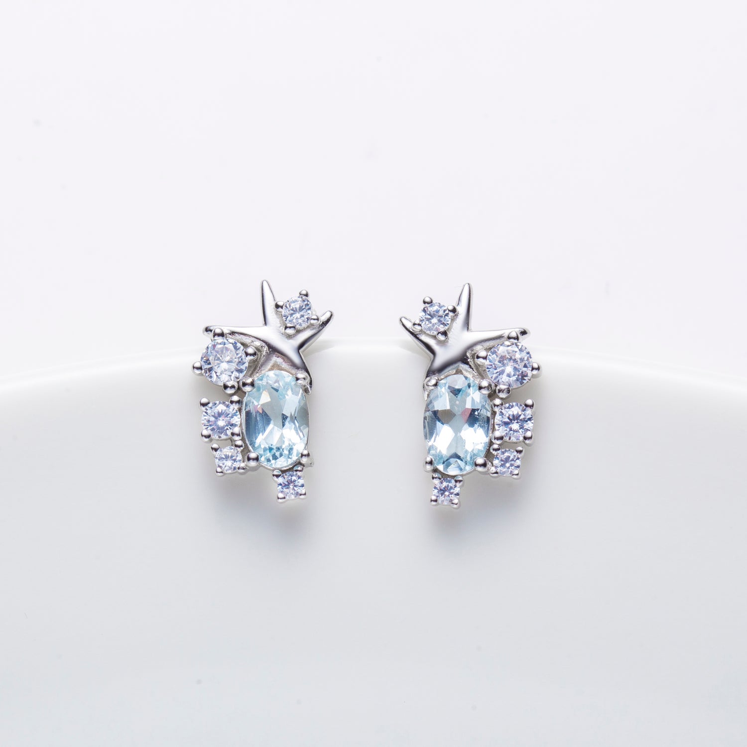 Natural Aquamarine Starfish Sterling Silver Stud Earrings