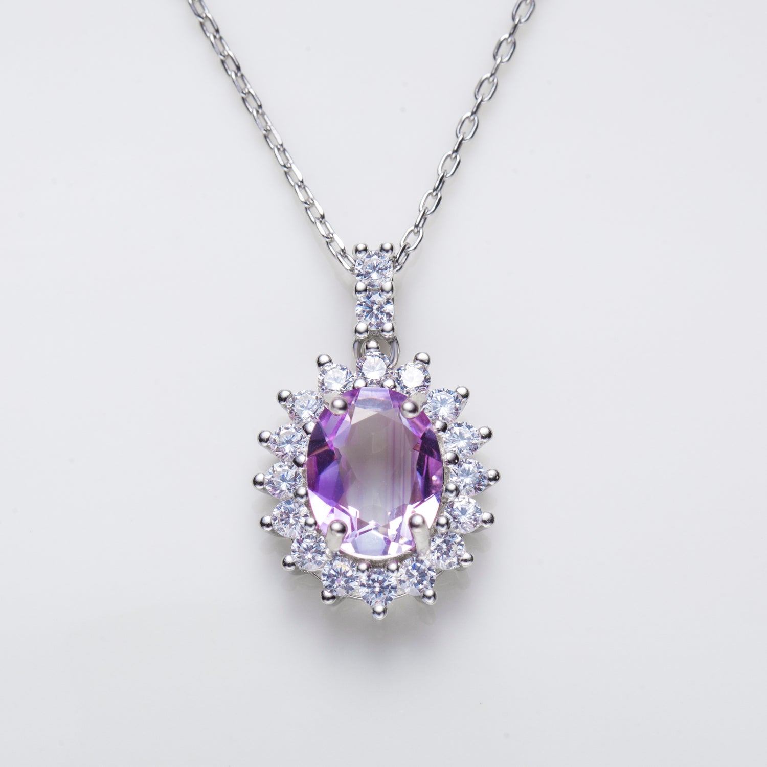 February Birthstone Amethyst Halo Pendant Necklace Sterling Silver