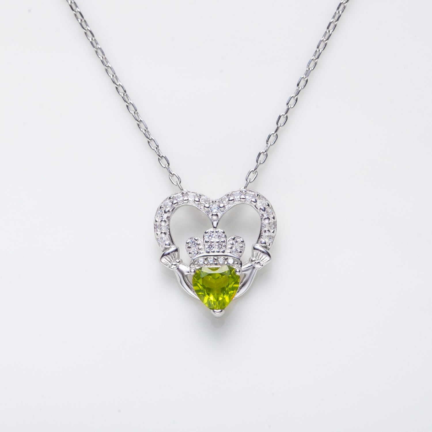 Heart Shaped Peridot Crown Pendant Necklcace in Sterling Silver