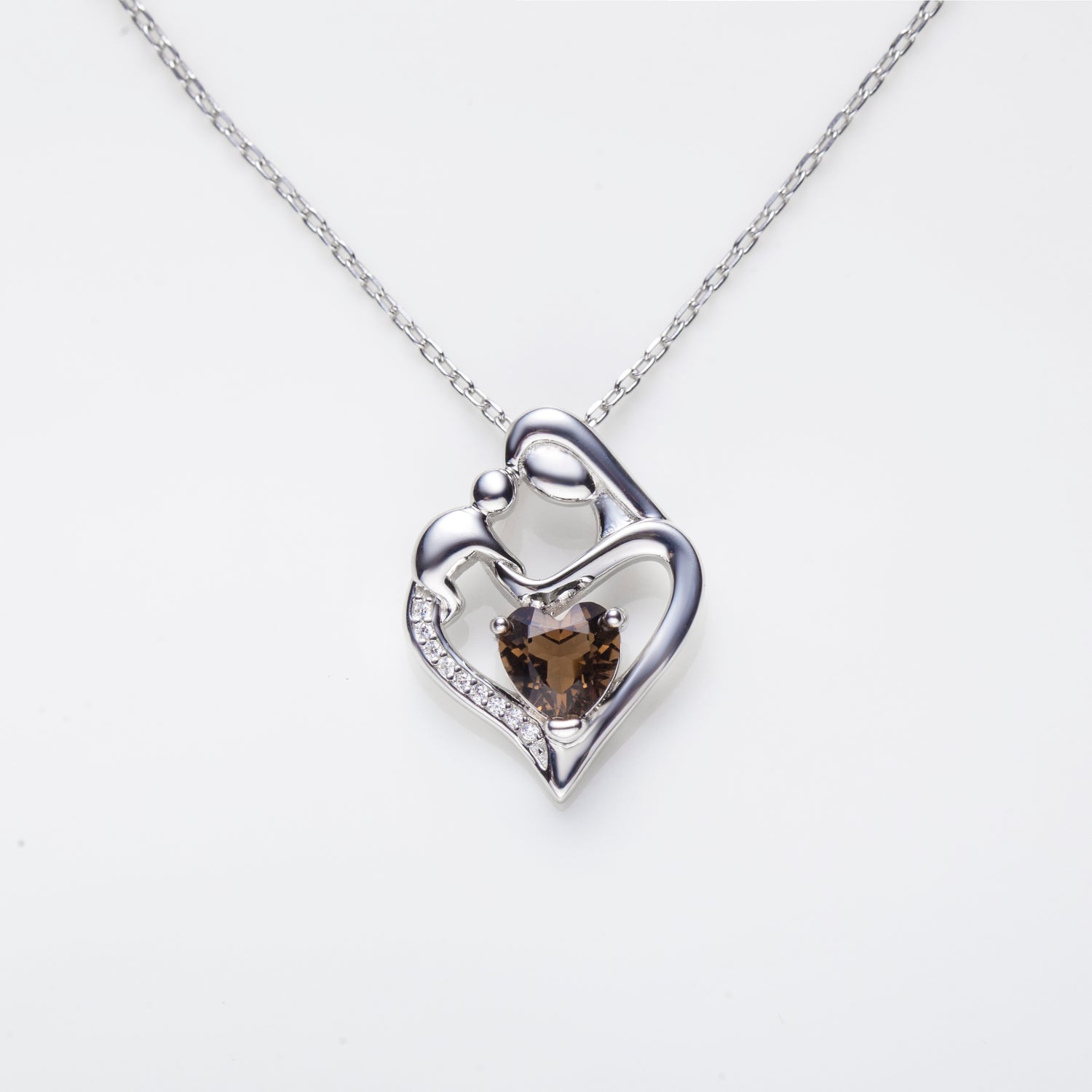Heart Somky Quartz Mother and Baby Sterling Silver Neckalce