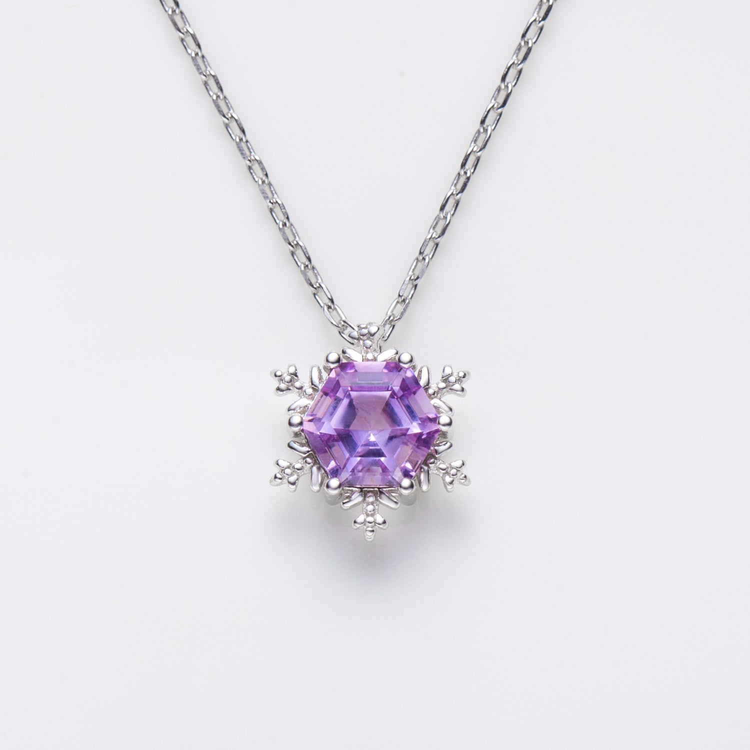 Hexagon Amethyst Snowflake Pendant Necklace in Sterling Silver