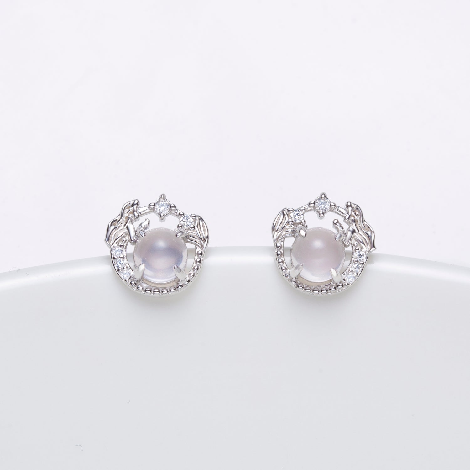 Natural Rose Quartz Cabochon Round Cut Stud Earrings