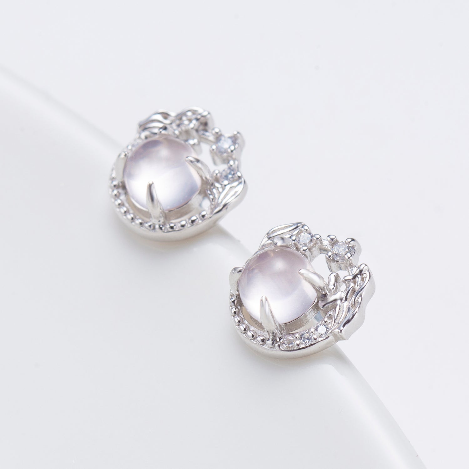 Natural Rose Quartz Cabochon Round Cut Stud Earrings