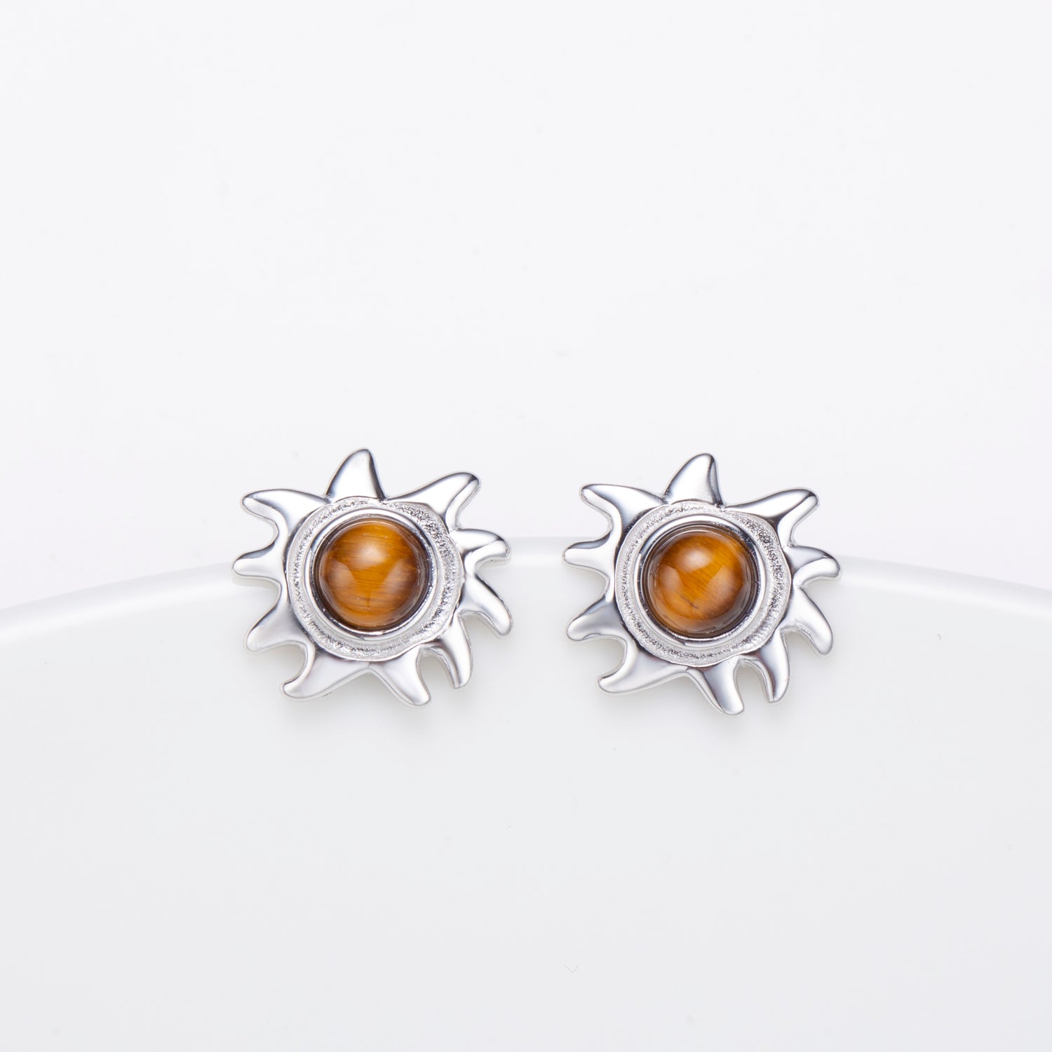 Natural Tiger's Eye Cabochon Round Cut Stud Earrings