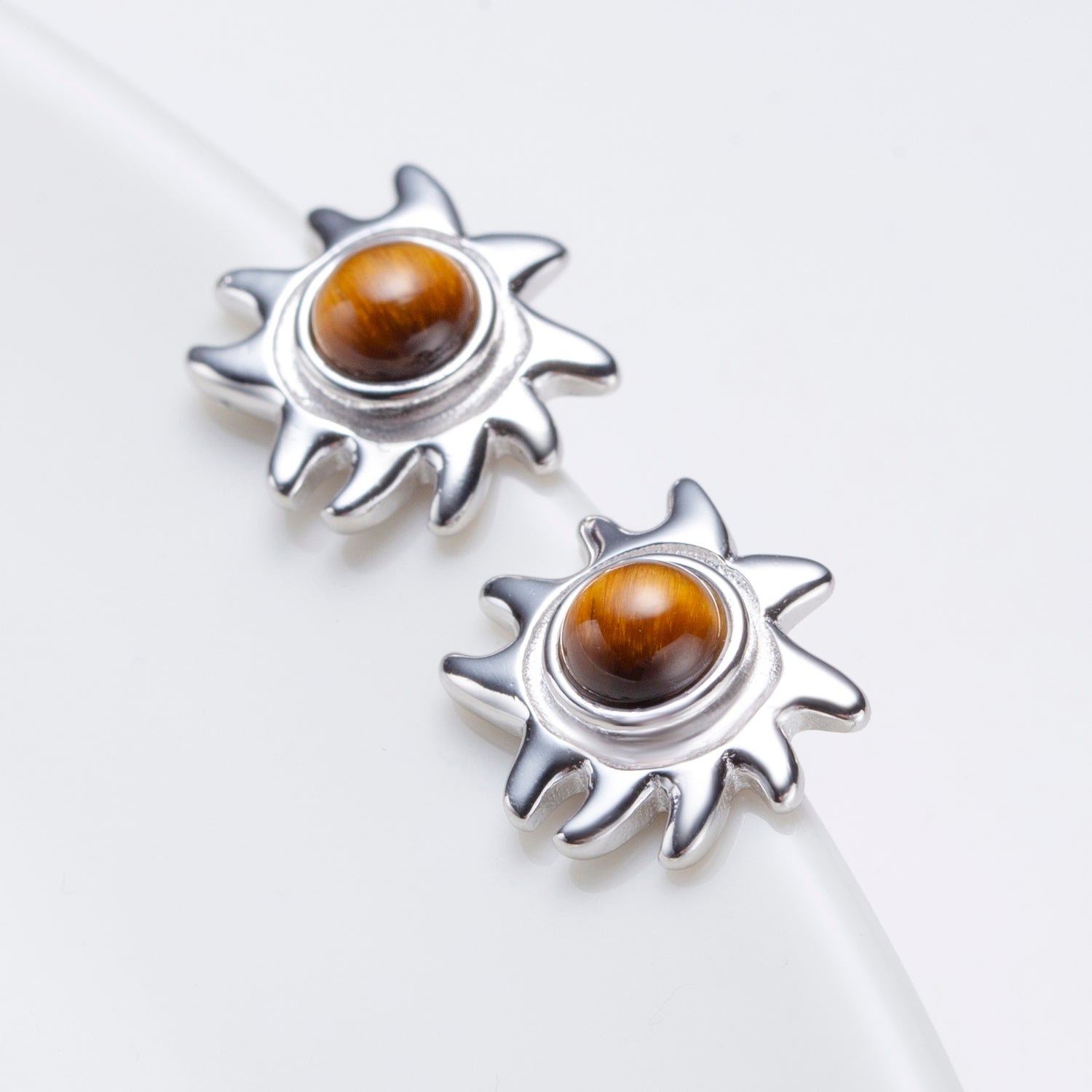 Natural Tiger's Eye Cabochon Round Cut Stud Earrings