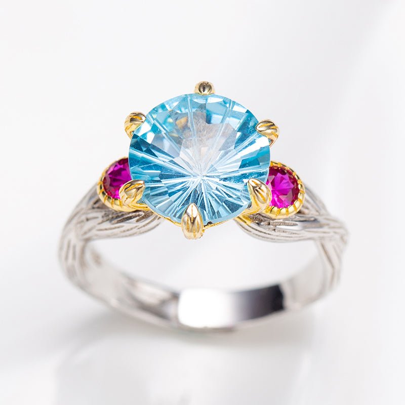 Natural Firework Cut Swiss Blue Topaz Ring