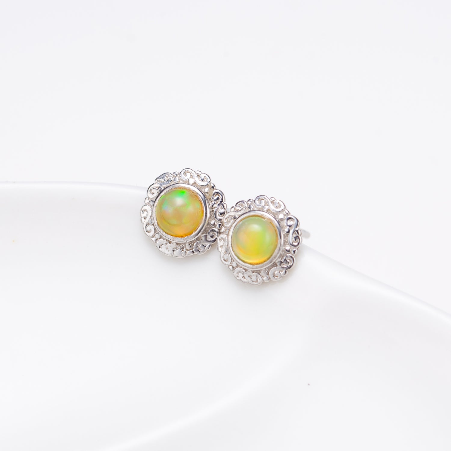 Natural Cabochon Round Opal Sterling Silver Stud Earrings