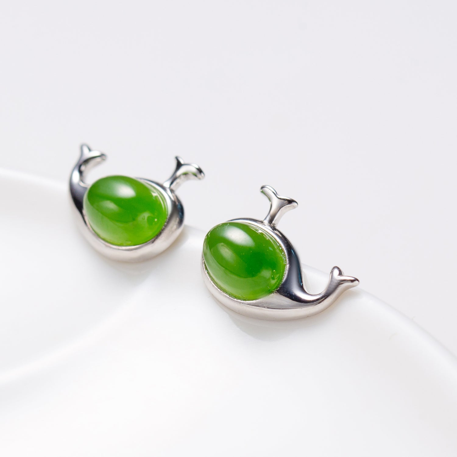 Natural Cabochon Oval Jade Sterling Silver Whale Earrings