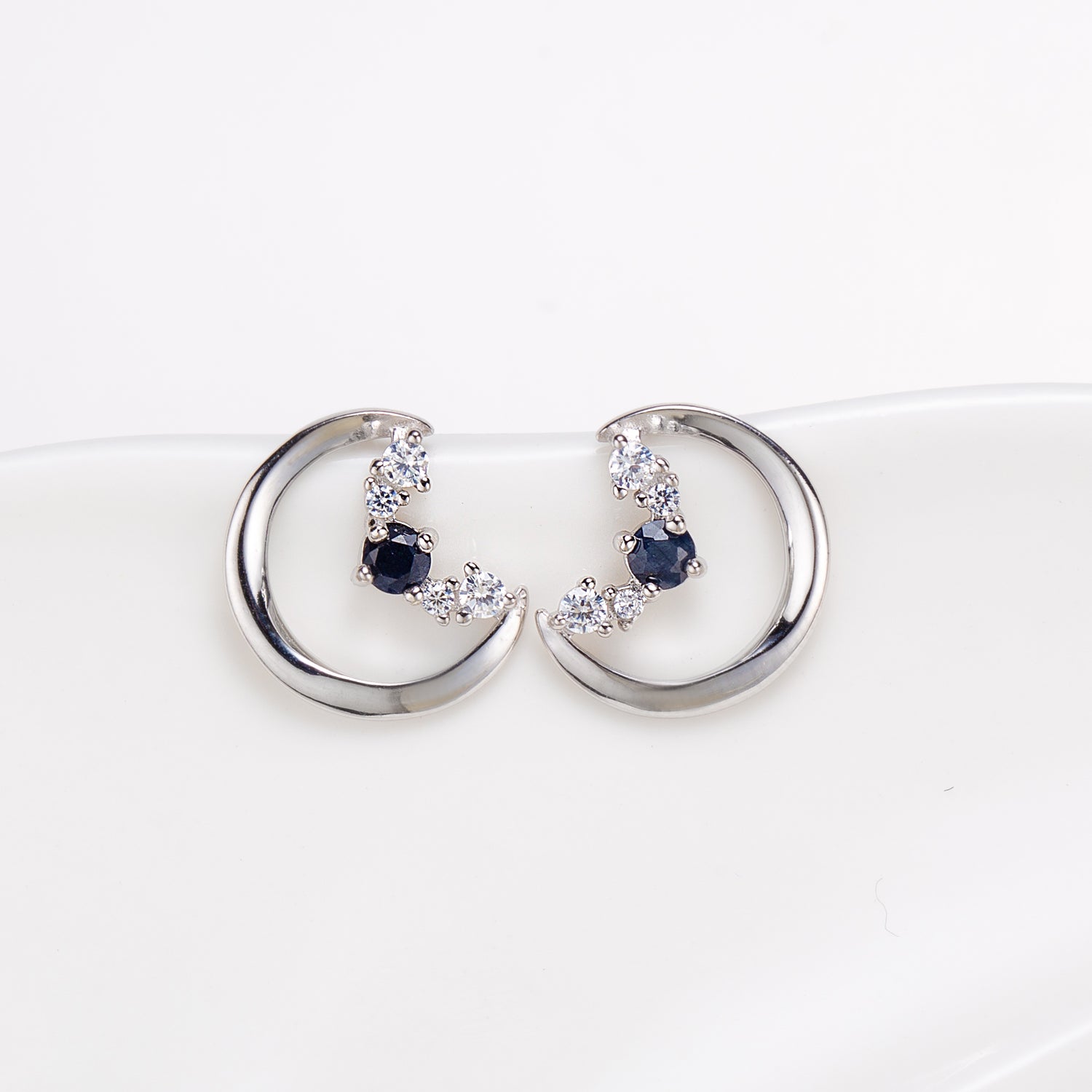 Natural Sapphire Crescent Sterling Silver Stud Earrings