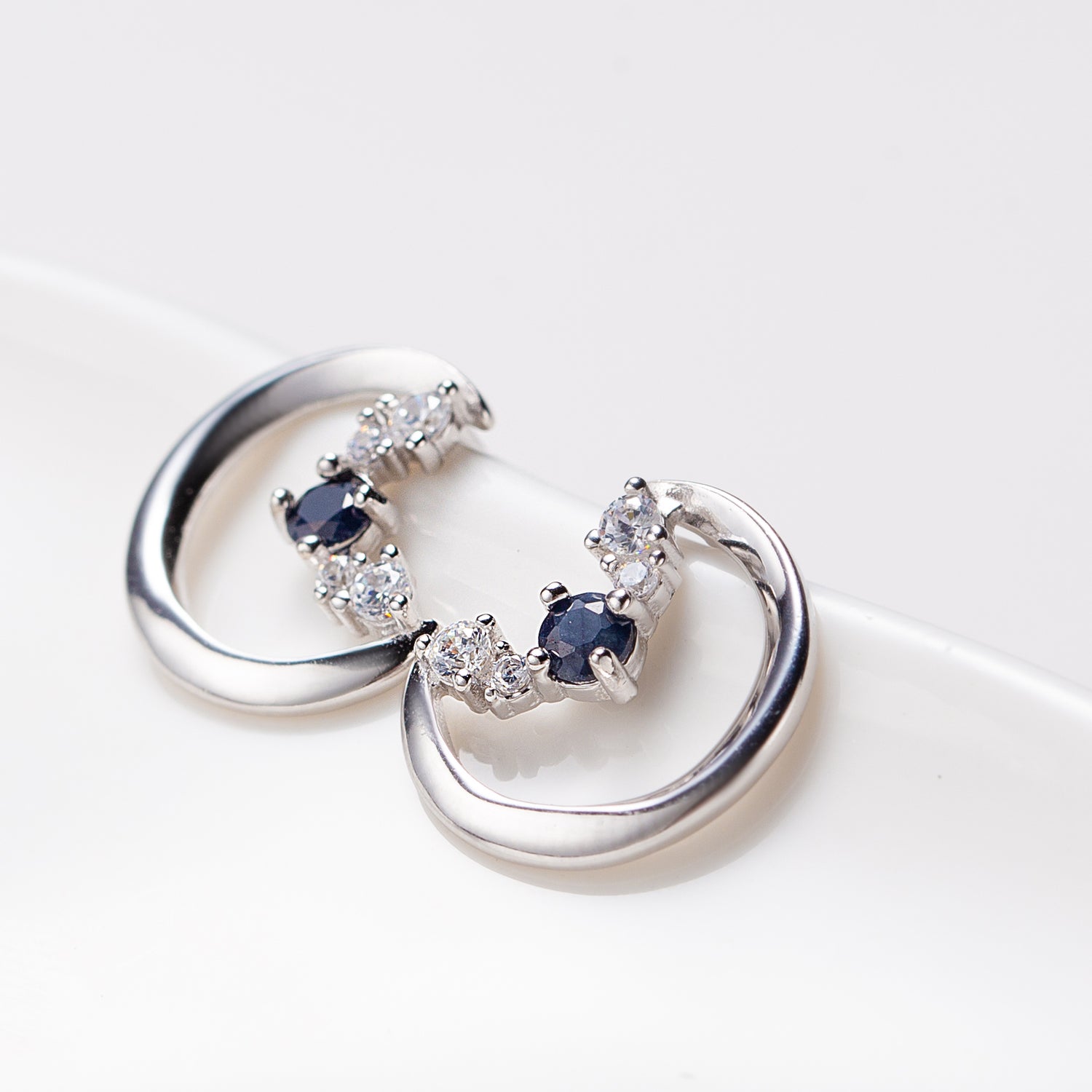 Natural Sapphire Crescent Sterling Silver Stud Earrings