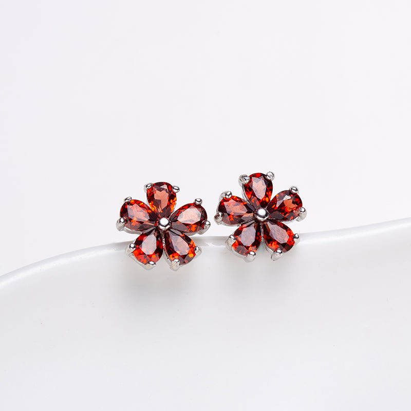 Natural Pear Shaped Garnet Flower Earrings