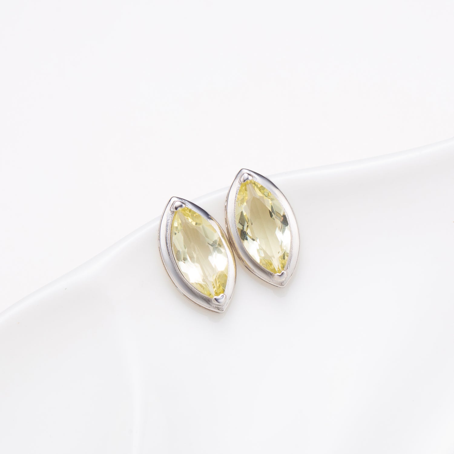 Natural Marquise Lemon Quartz Sterling Silver Stud Earrings