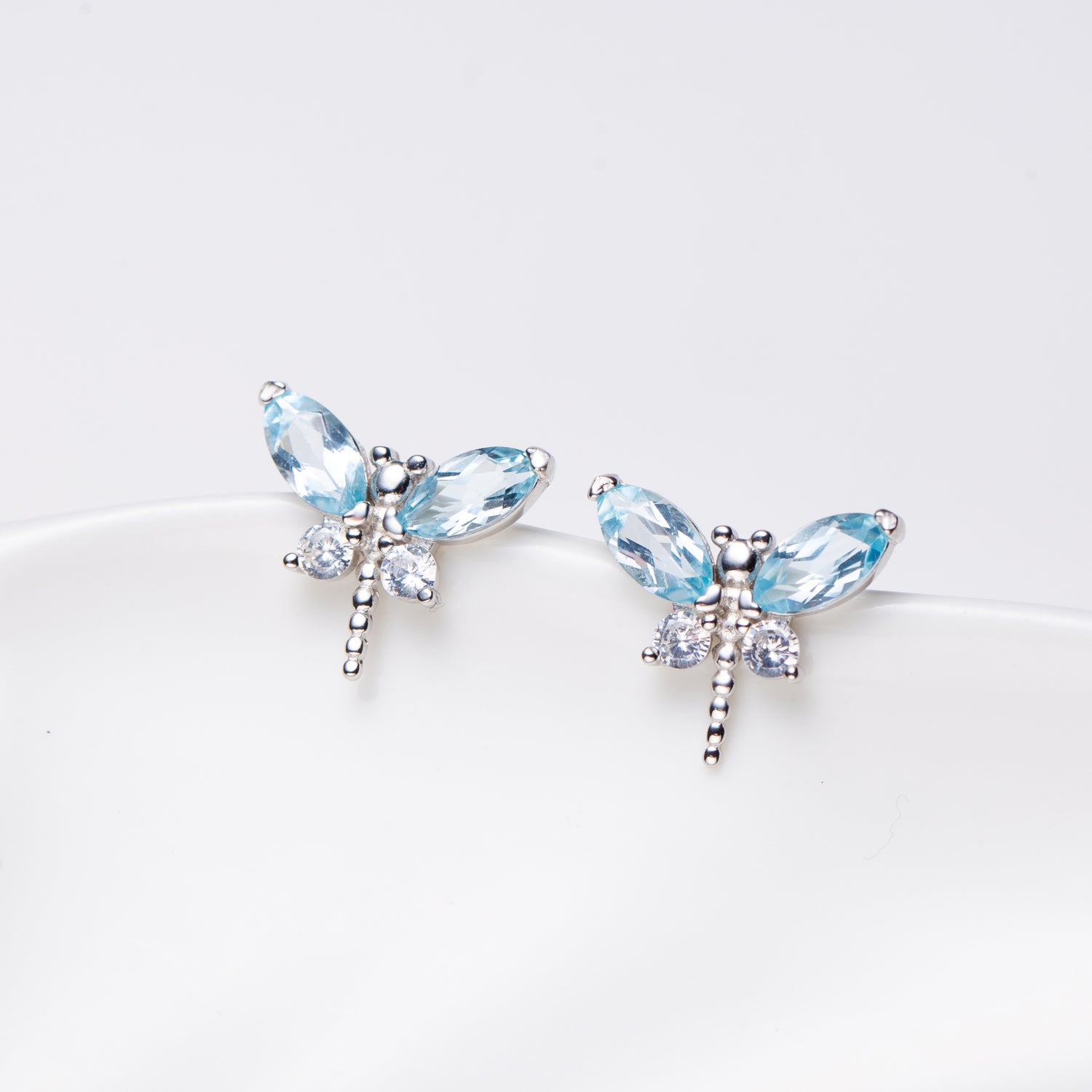 Natural Sky Blue Topaz Dragonfly Sterling Silver Stud Earrings