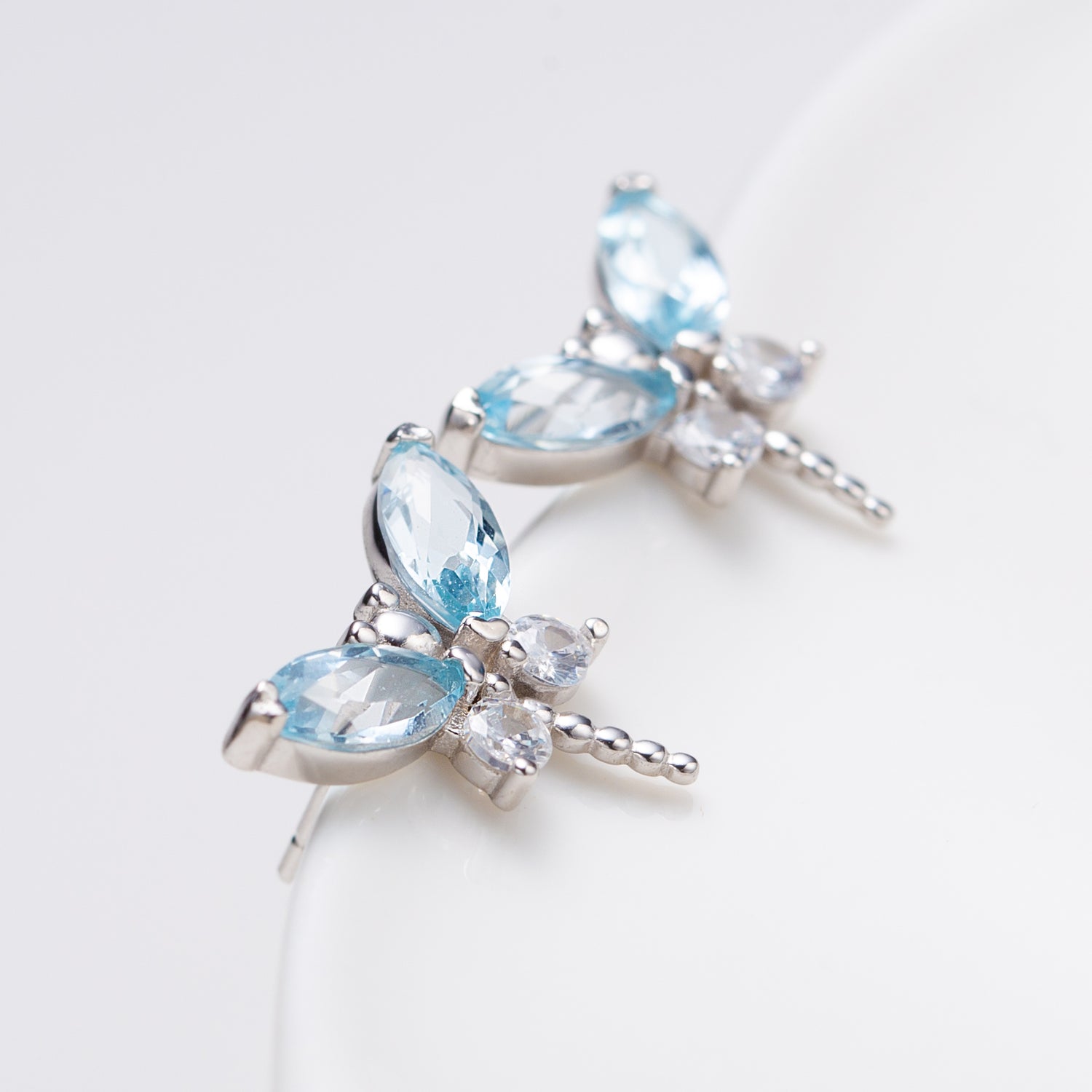 Natural Sky Blue Topaz Dragonfly Sterling Silver Stud Earrings