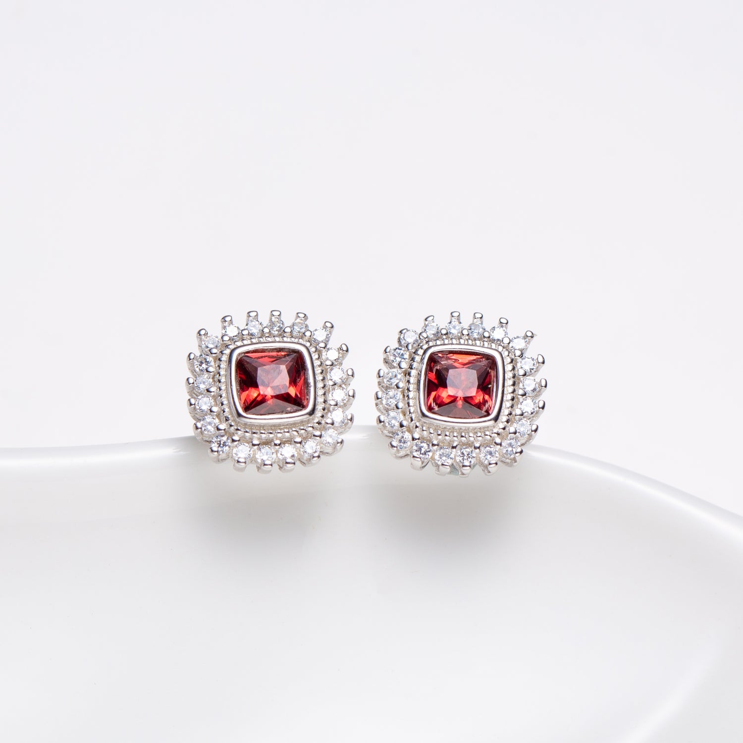 Natural Square Garnet Sterling Silver Stud Earrings