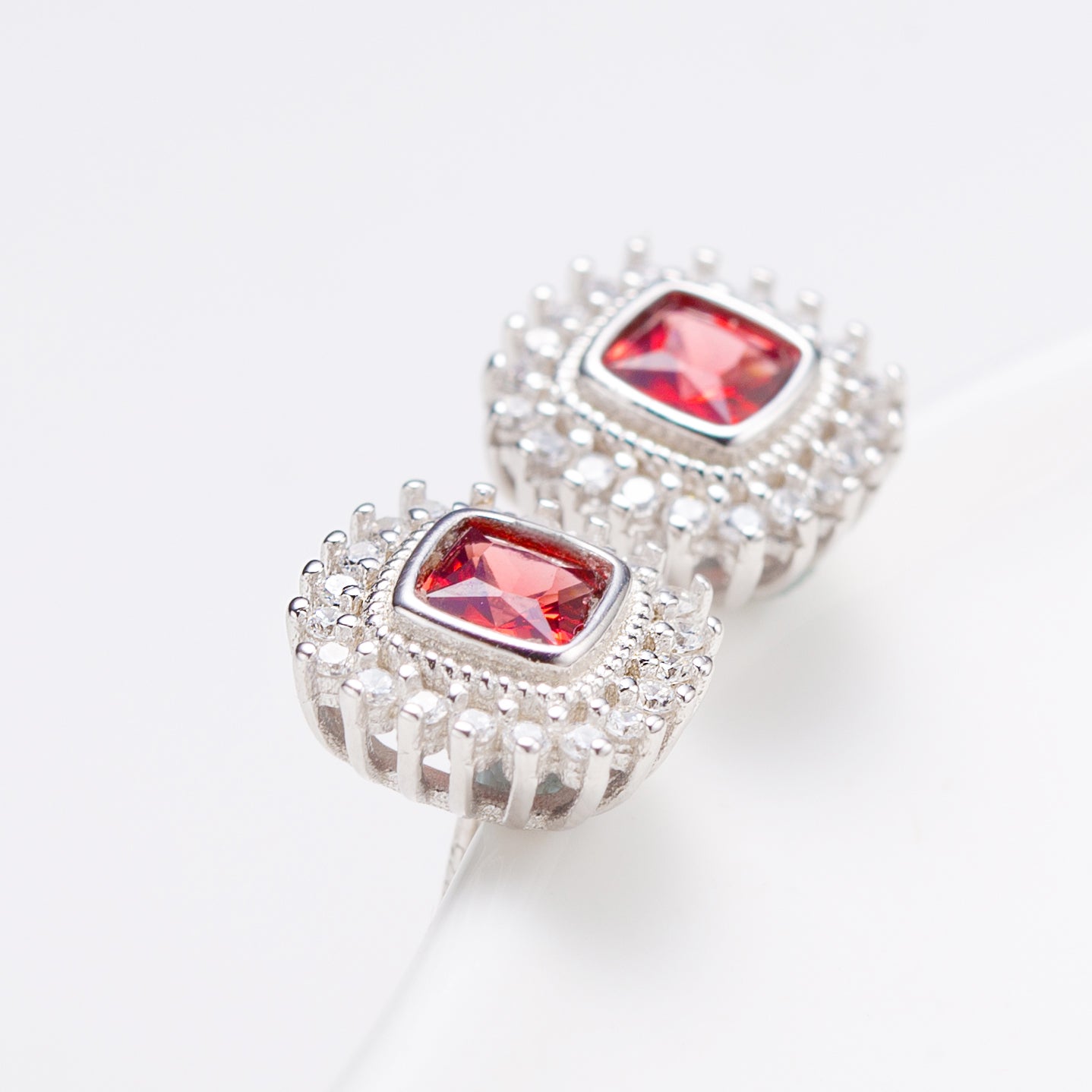 Natural Square Garnet Sterling Silver Stud Earrings