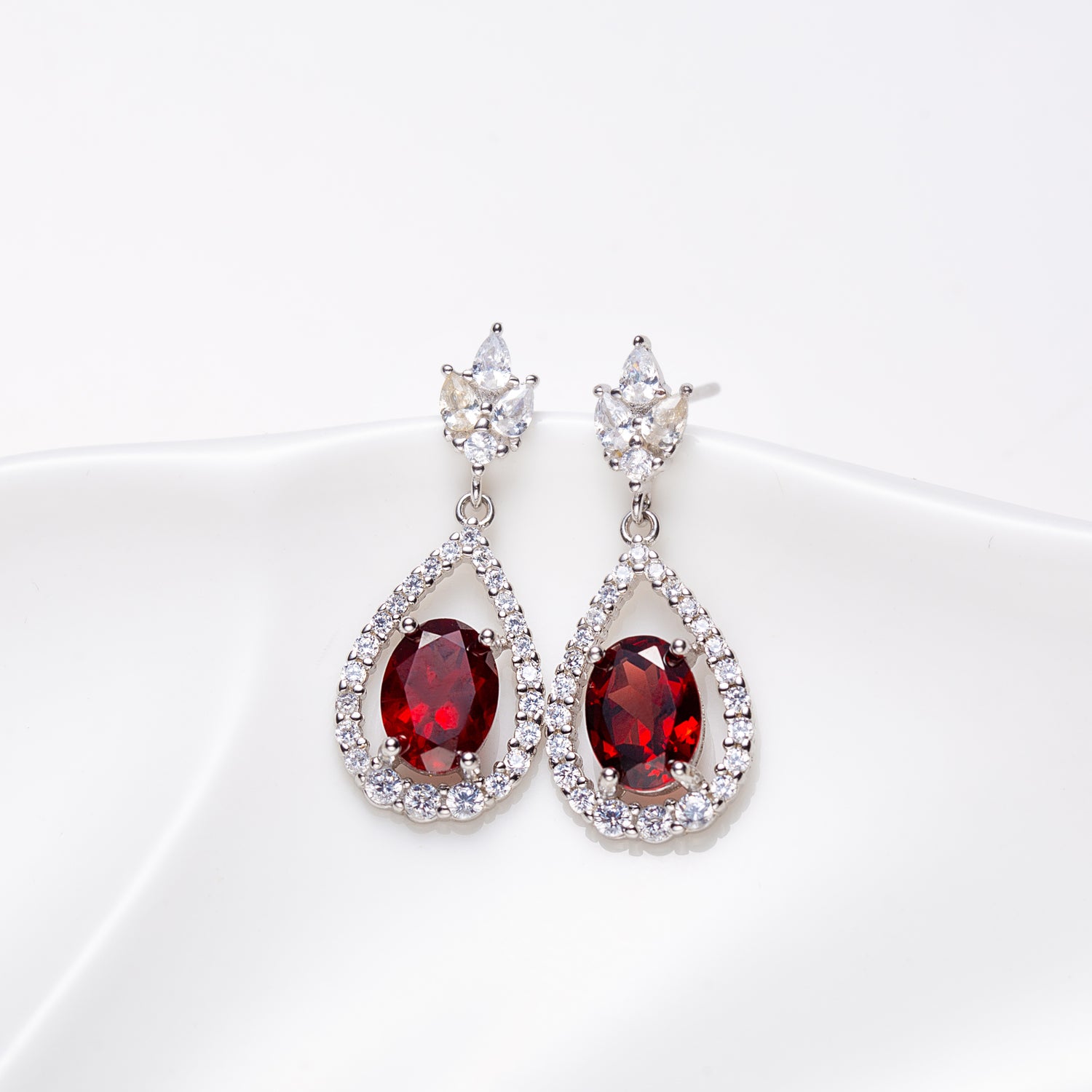 Natural Oval Shape Garnet Sterling Silver Teardrop Earrings
